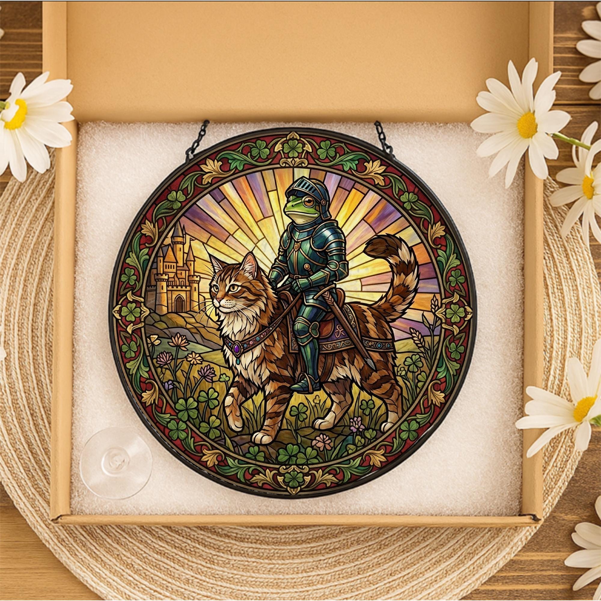 Frog Knight Riding Tabby Cat, Medieval Fantasy Whimsical Art Window Hanging image 1