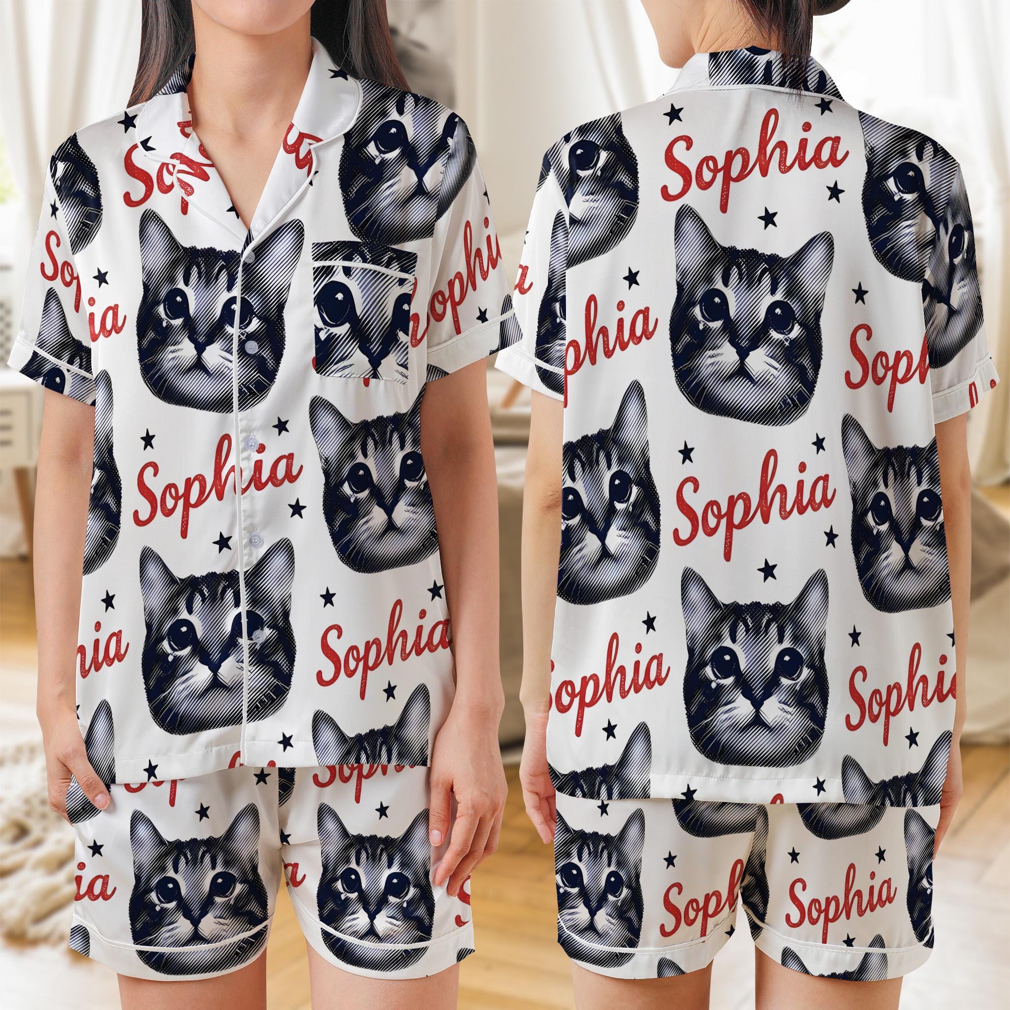 Custom Photo Pajama Set: Personalized Cat Face Portrait, Retro Script Name Sleepwear image 2