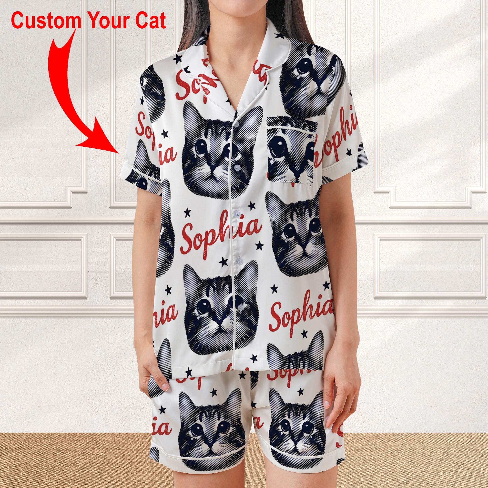 Custom Photo Pajama Set: Personalized Cat Face Portrait, Retro Script Name Sleepwear image 1