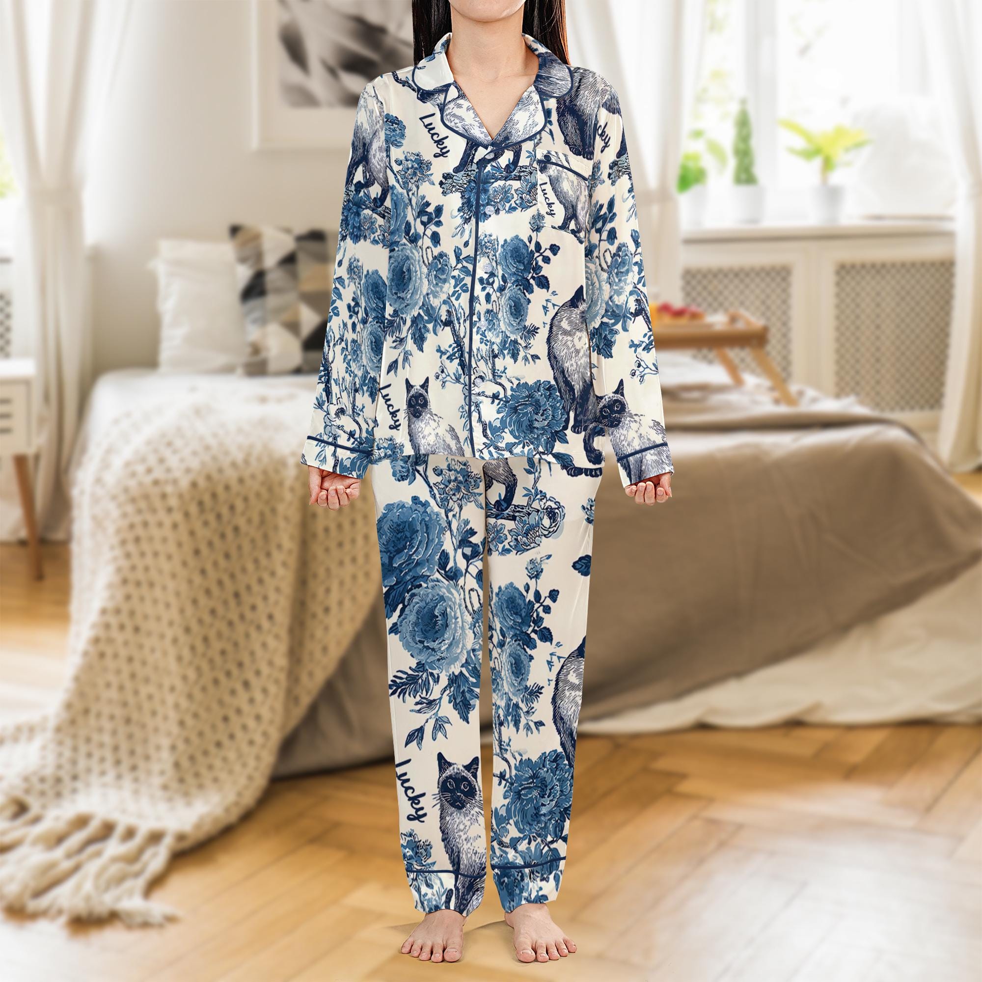 Satin Pajama Set: Sleepwear Short Sleeve & Long Sleeve, Siamese Cat Toile Print image 1