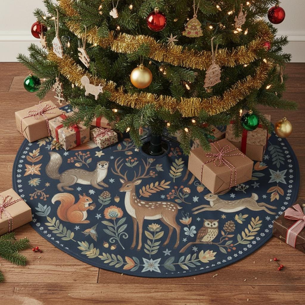 Woodland Animals Christmas Tree Skirt, Navy Blue Round Forest Deer Squirrel Owl Design image 1
