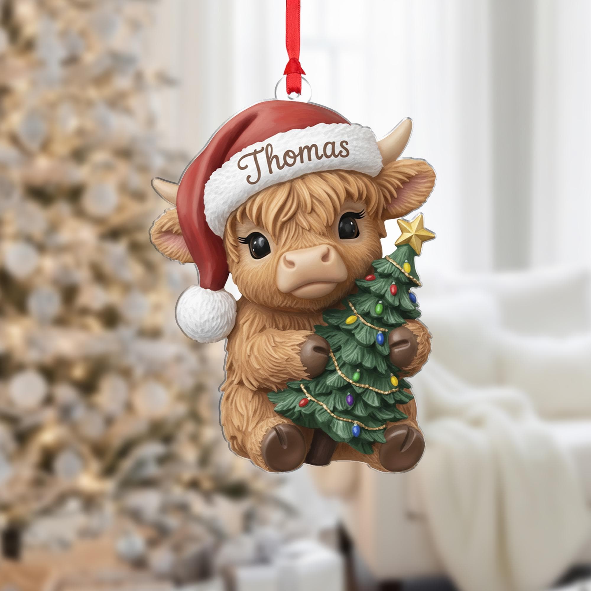 Personalized Highland Cow Ornament: Christmas Cow Gift, Farm Animal Decor image 1