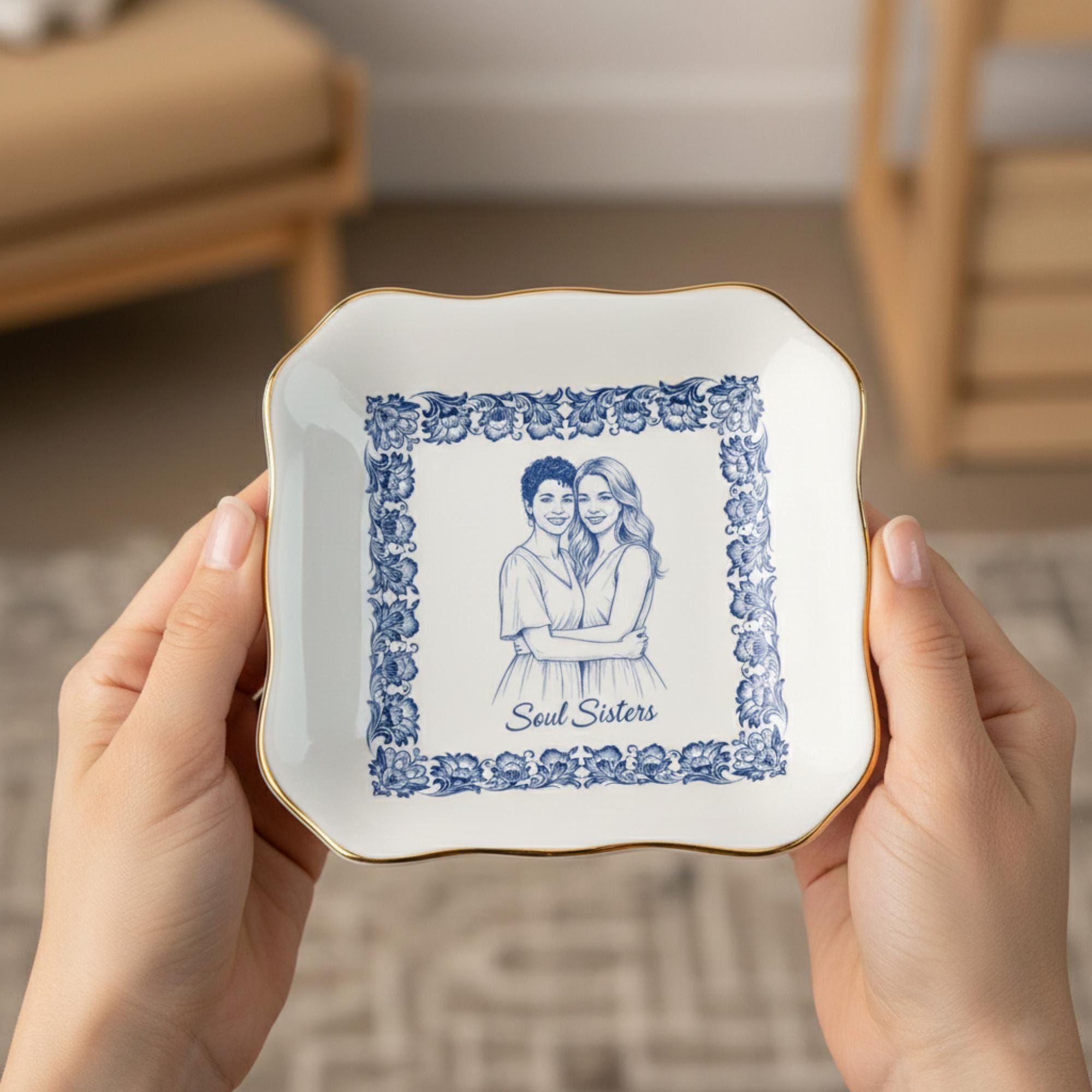 Custom Photo Chinoiserie Jewelry Tray: Personalized Friend Portrait Ceramic Ring Tray image 1