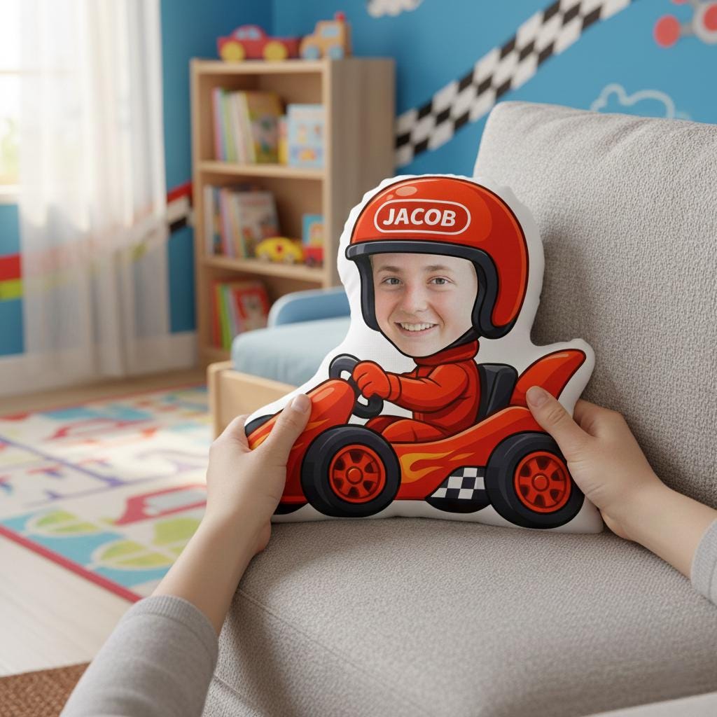 Custom Photo Plush Pillow, Kids Racer Character, Personalized Name Helmet image 2