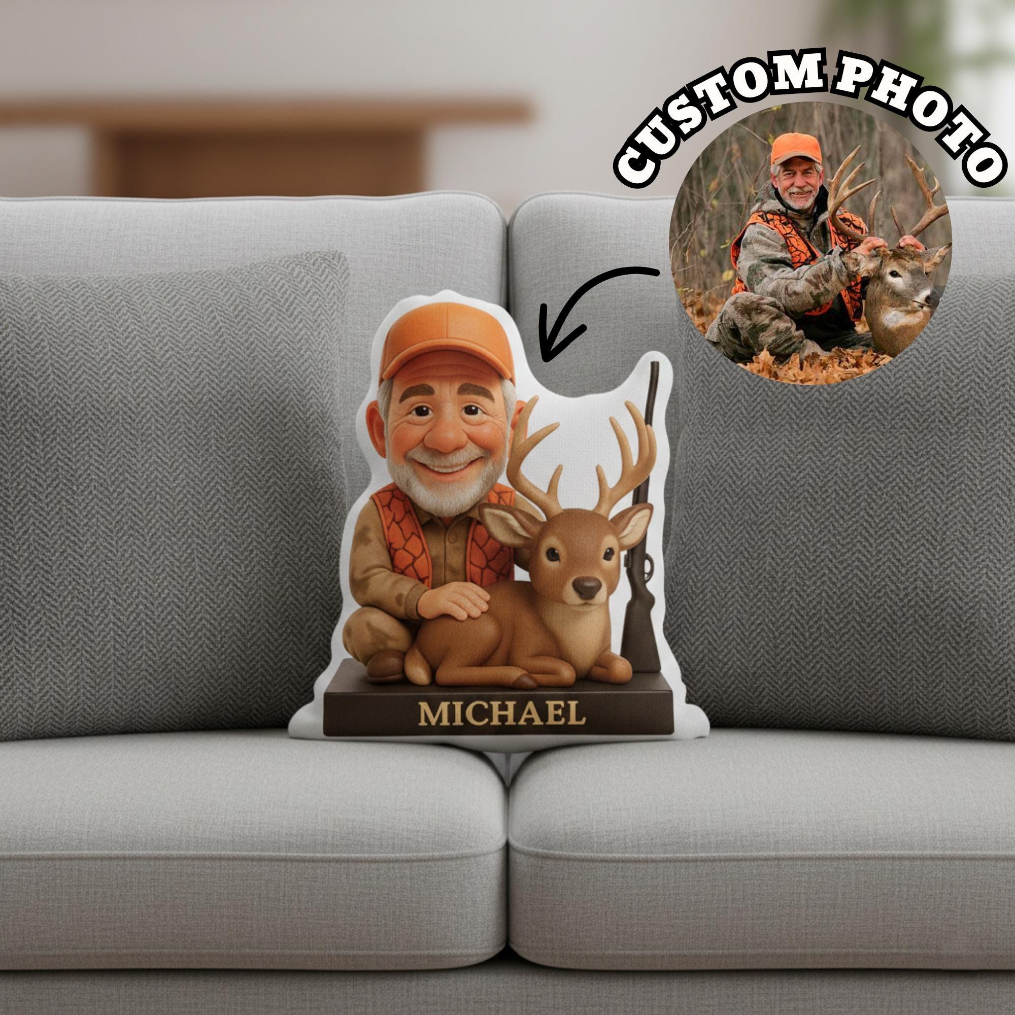 Custom Photo Hunter Plush Pillow with Deer, Personalized Name Character Cushion, Shaped Stuffed Decor image 1