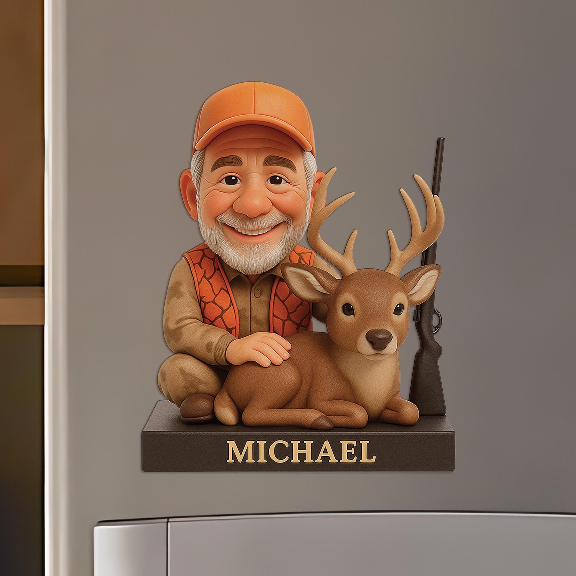 Custom Hunter Deer Fridge Magnet, Personalized Name, Custom Caricature Portrait image 1