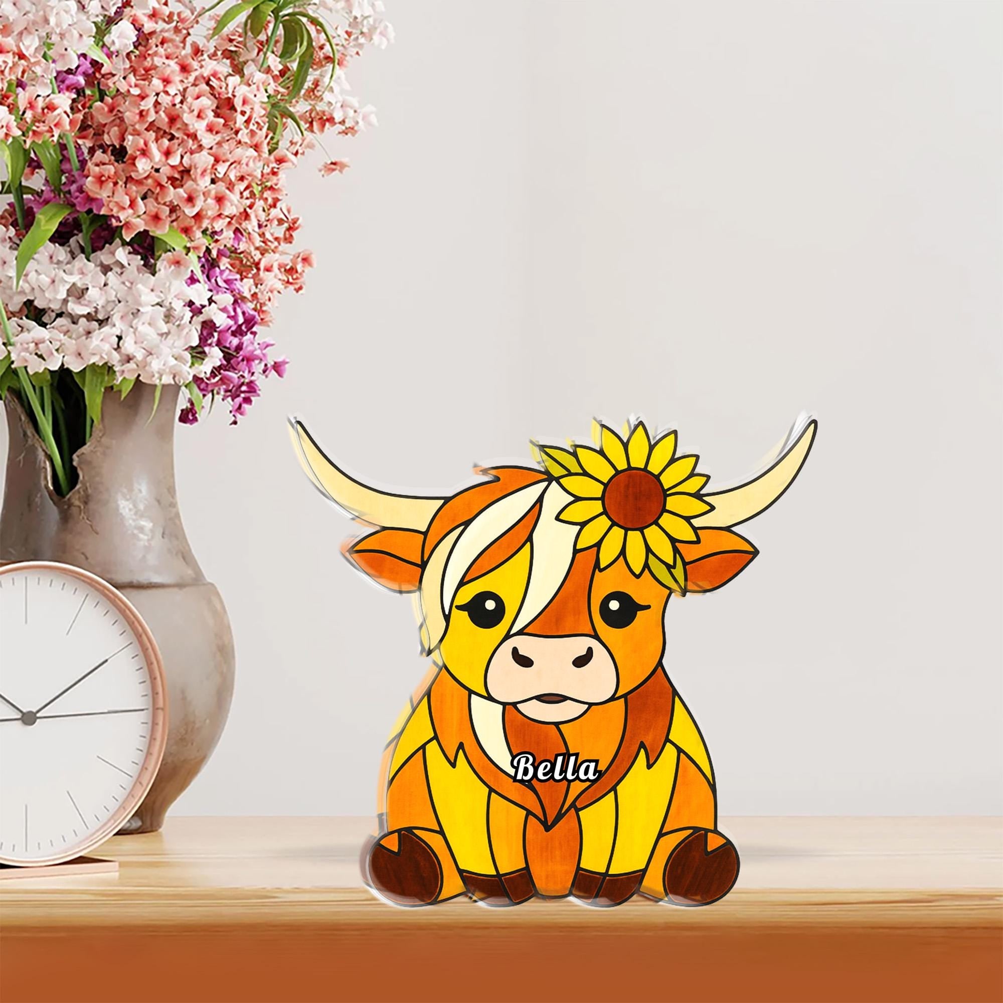 Custom Highland Cow Acrylic Block, Personalized Name, Sunflower Farm Animal Shelf Decor image 1