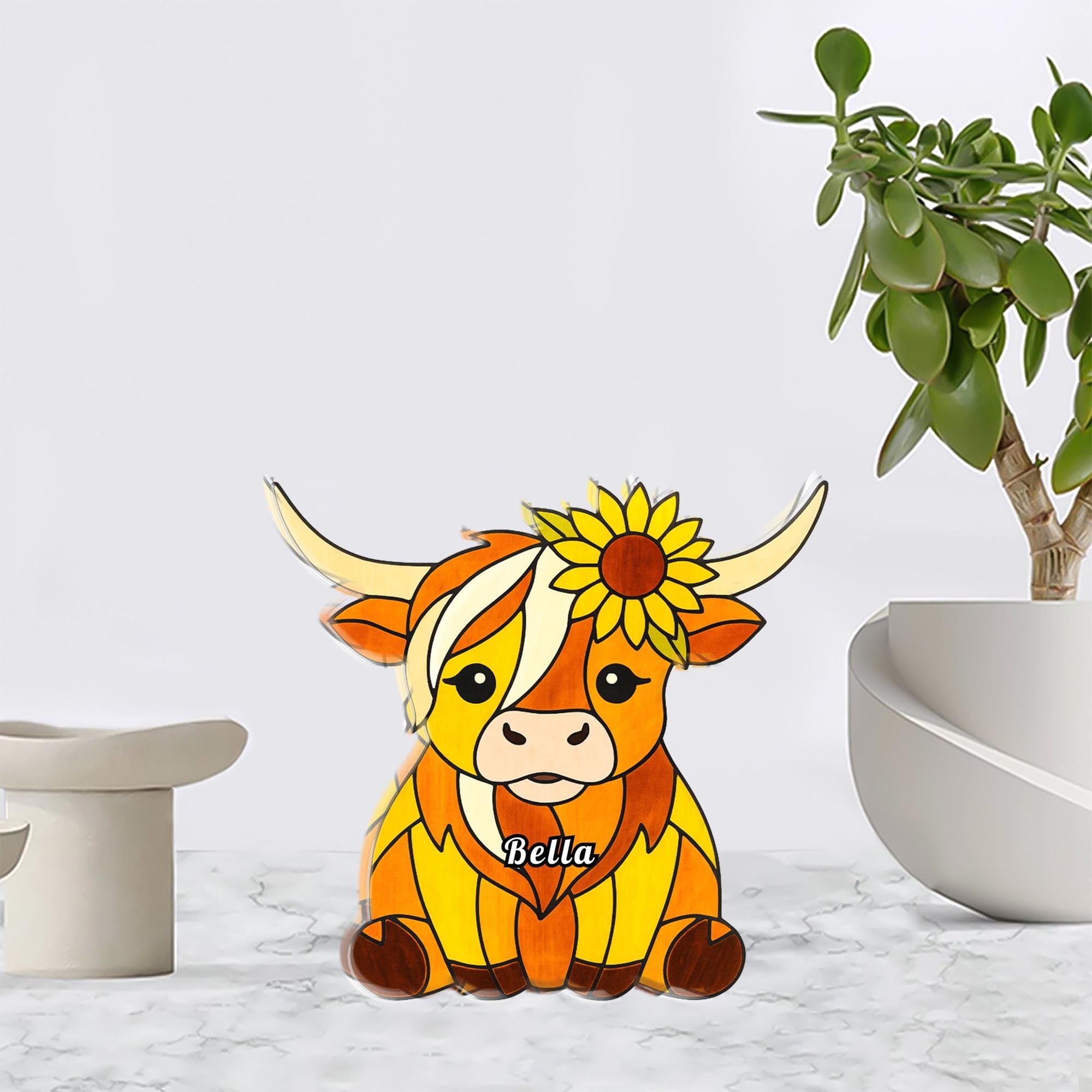 Custom Highland Cow Acrylic Block, Personalized Name, Sunflower Farm Animal Shelf Decor image 2