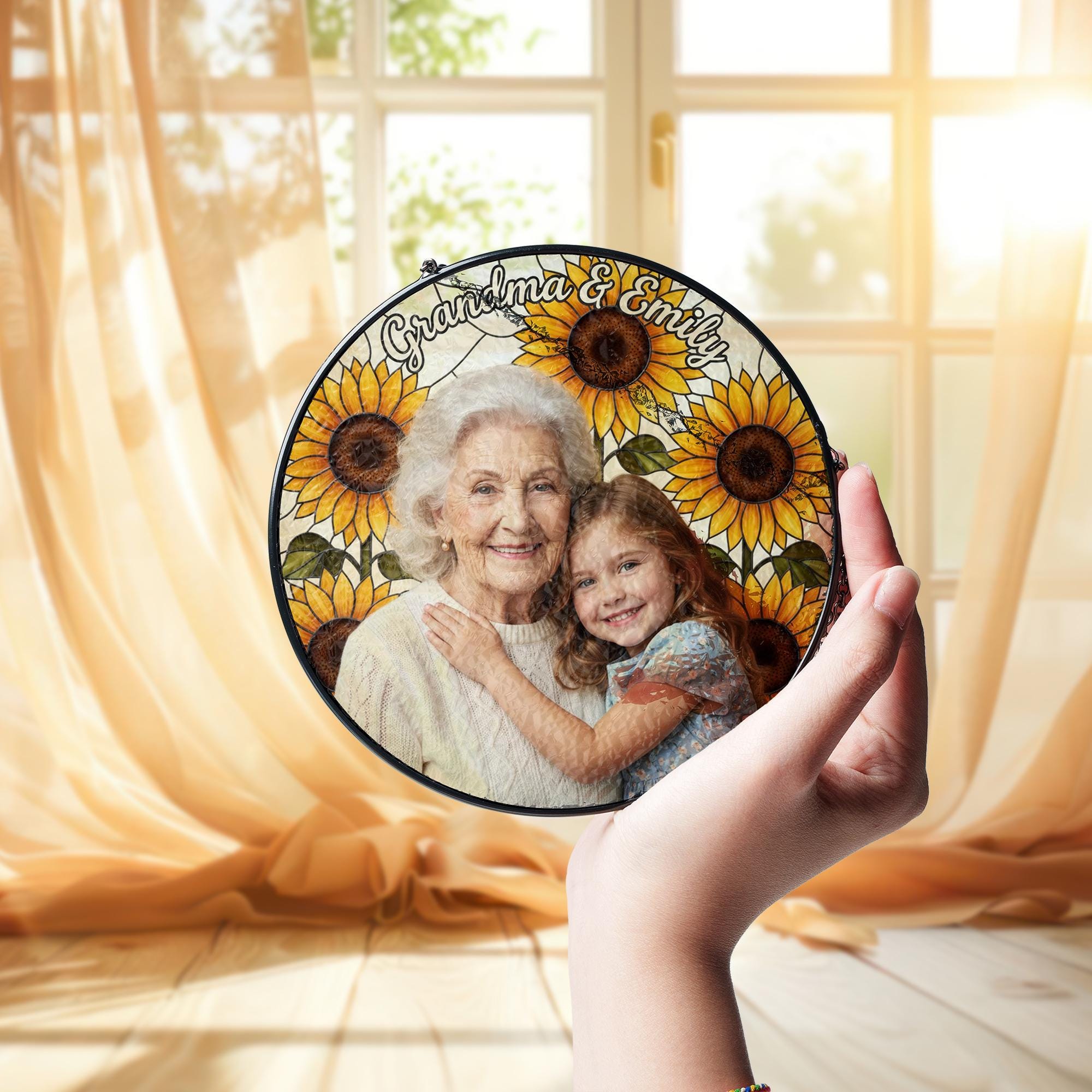 Personalized Glass Suncatcher: Grandma Sunflower Frame with Photo and Names image 3