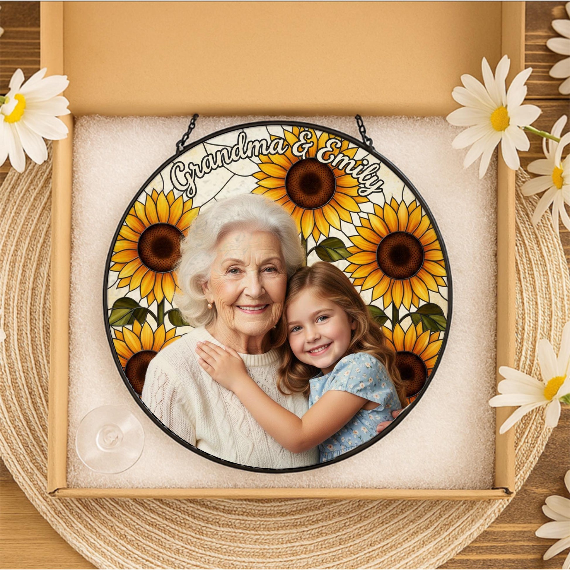 Personalized Glass Suncatcher: Grandma Sunflower Frame with Photo and Names image 4