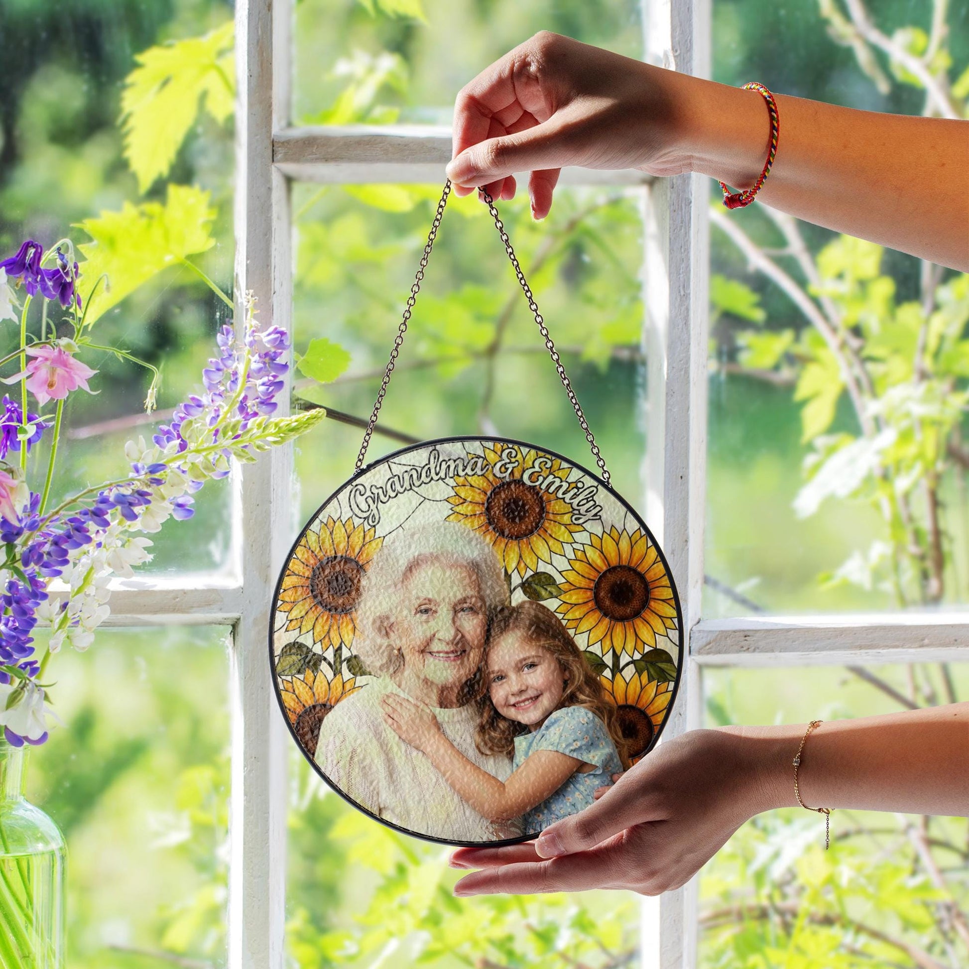 Personalized Glass Suncatcher: Grandma Sunflower Frame with Photo and Names image 2