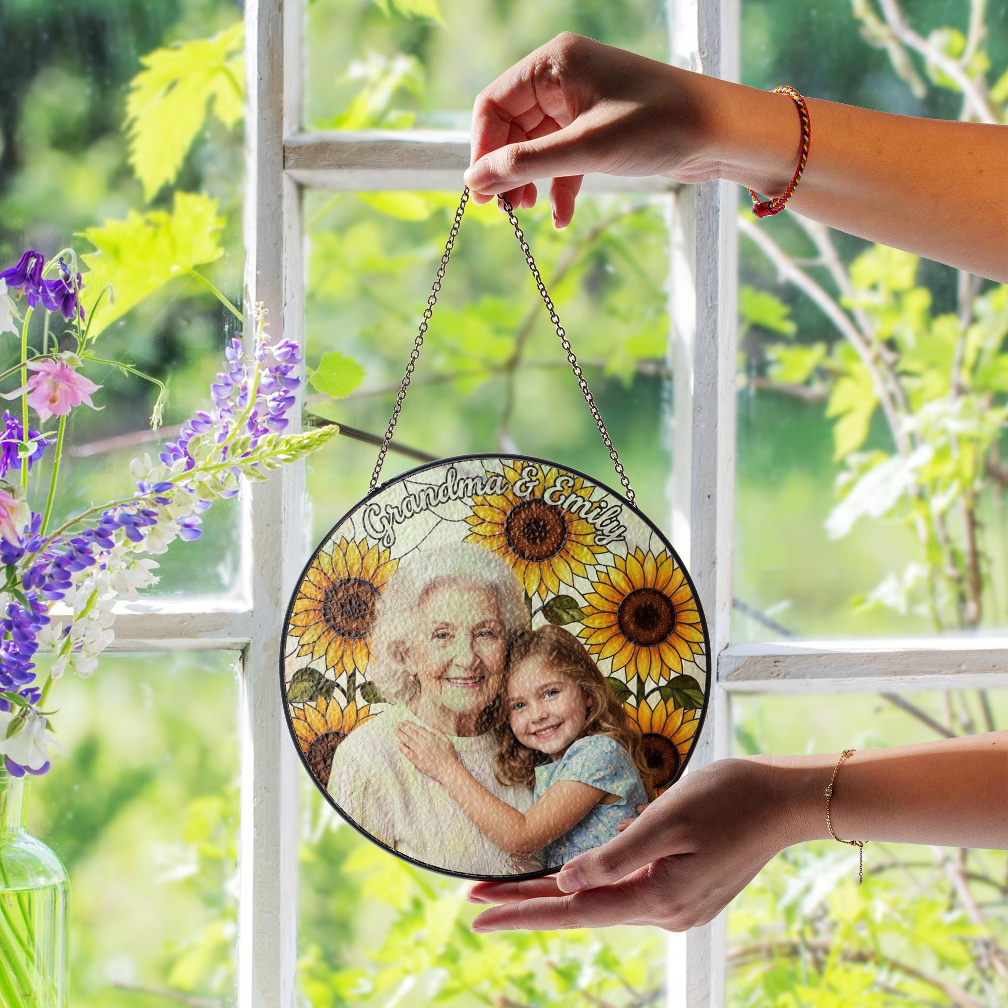 Personalized Glass Suncatcher: Grandma Sunflower Frame with Photo and Names image 2