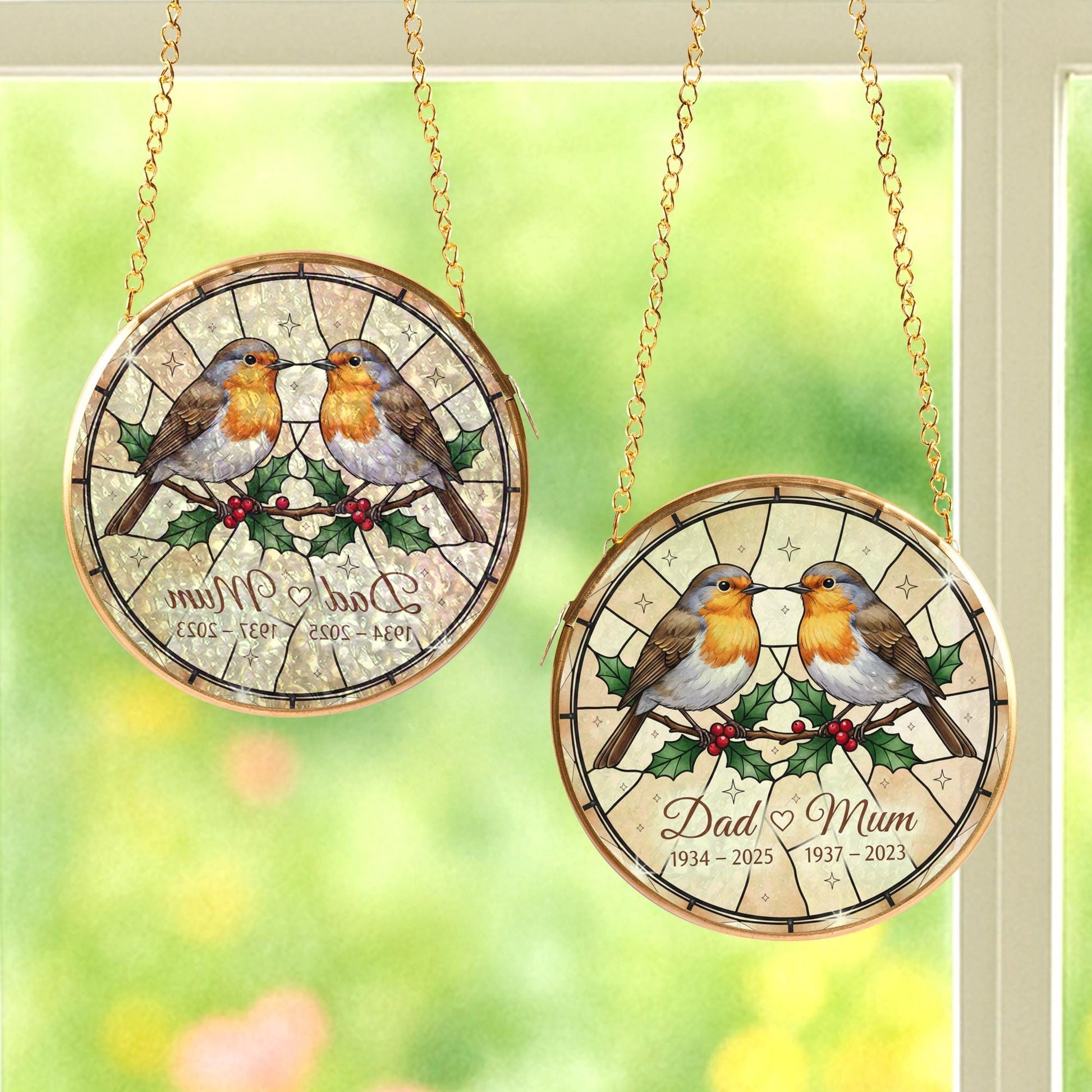 Personalized Glass Suncatcher: Robin Memorial Ornament with Dates and Holly Design image 4