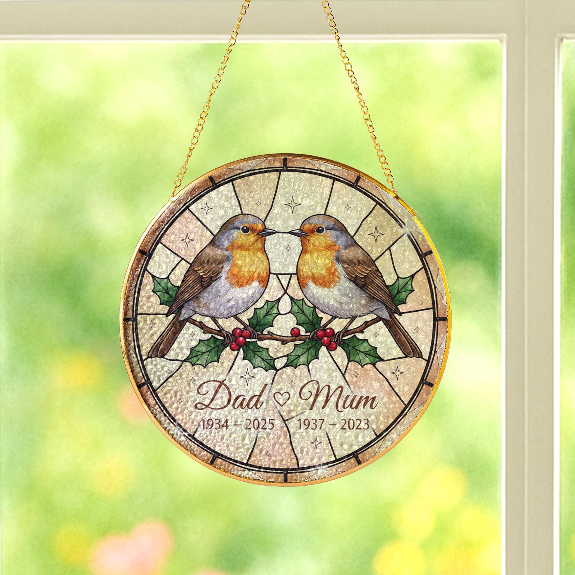 Personalized Glass Suncatcher: Robin Memorial Ornament with Dates and Holly Design image 5