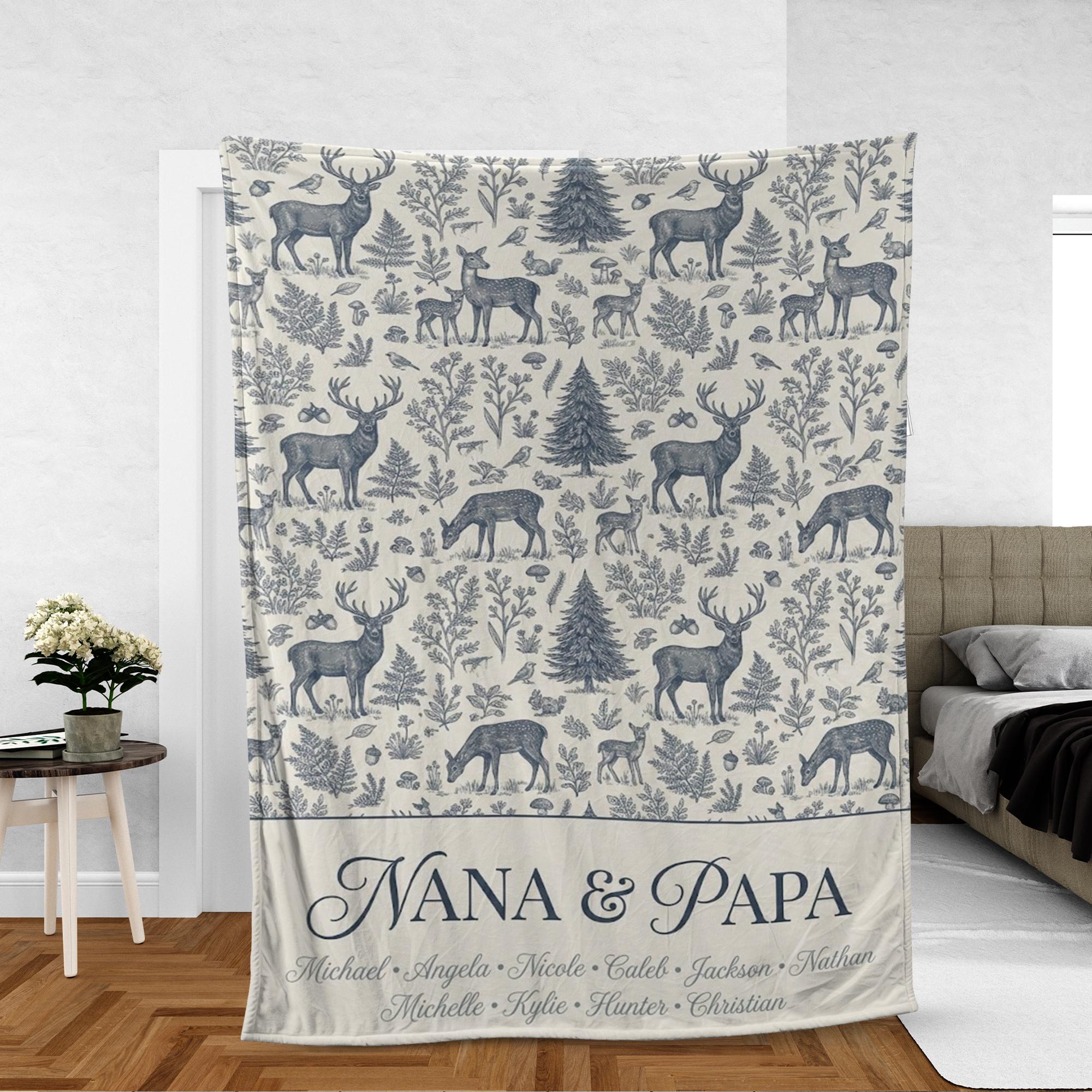 Personalized Fleece Blanket: Nature Pattern with Papa & Nana and Deer Motif image 1