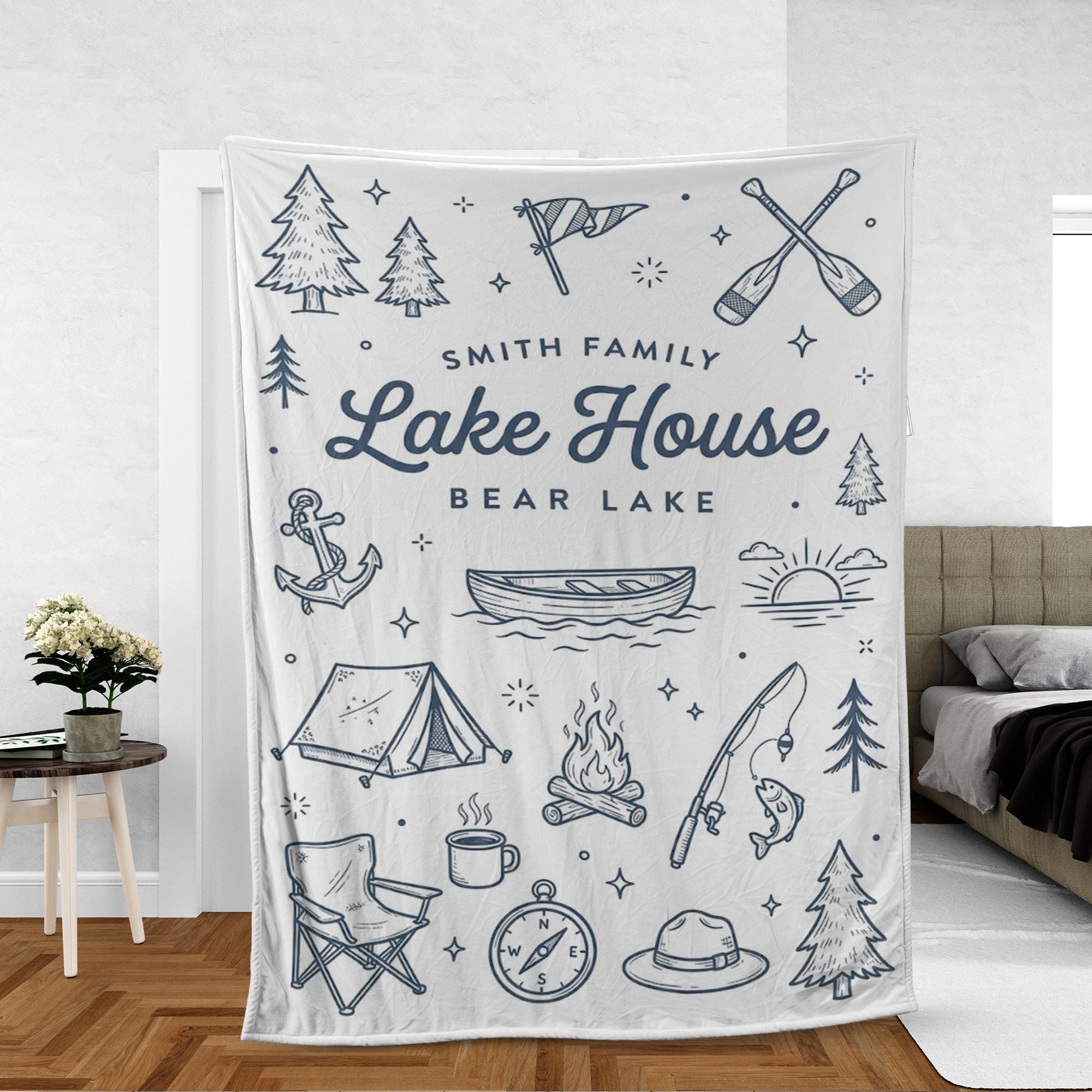 Personalized Fleece Blanket: Lake House Design with Family Name and Camping Icons image 1