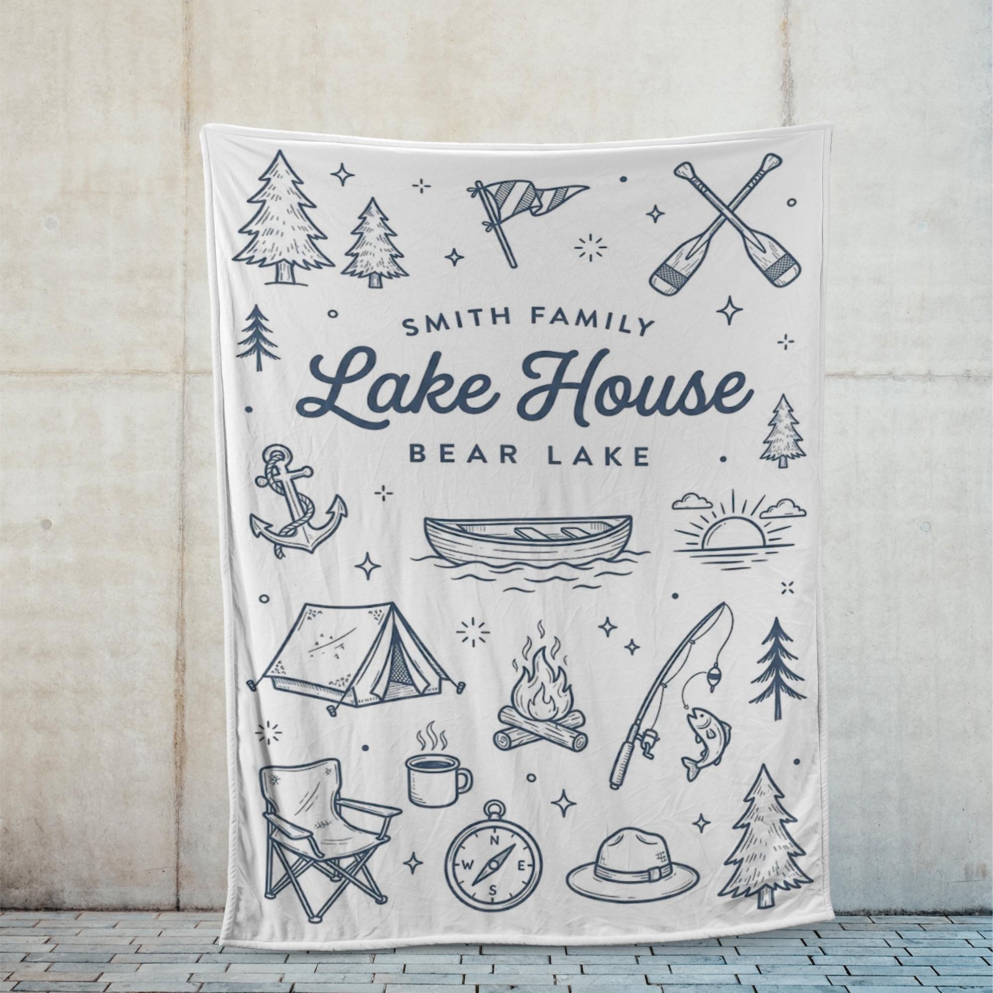 Personalized Fleece Blanket: Lake House Design with Family Name and Camping Icons image 2