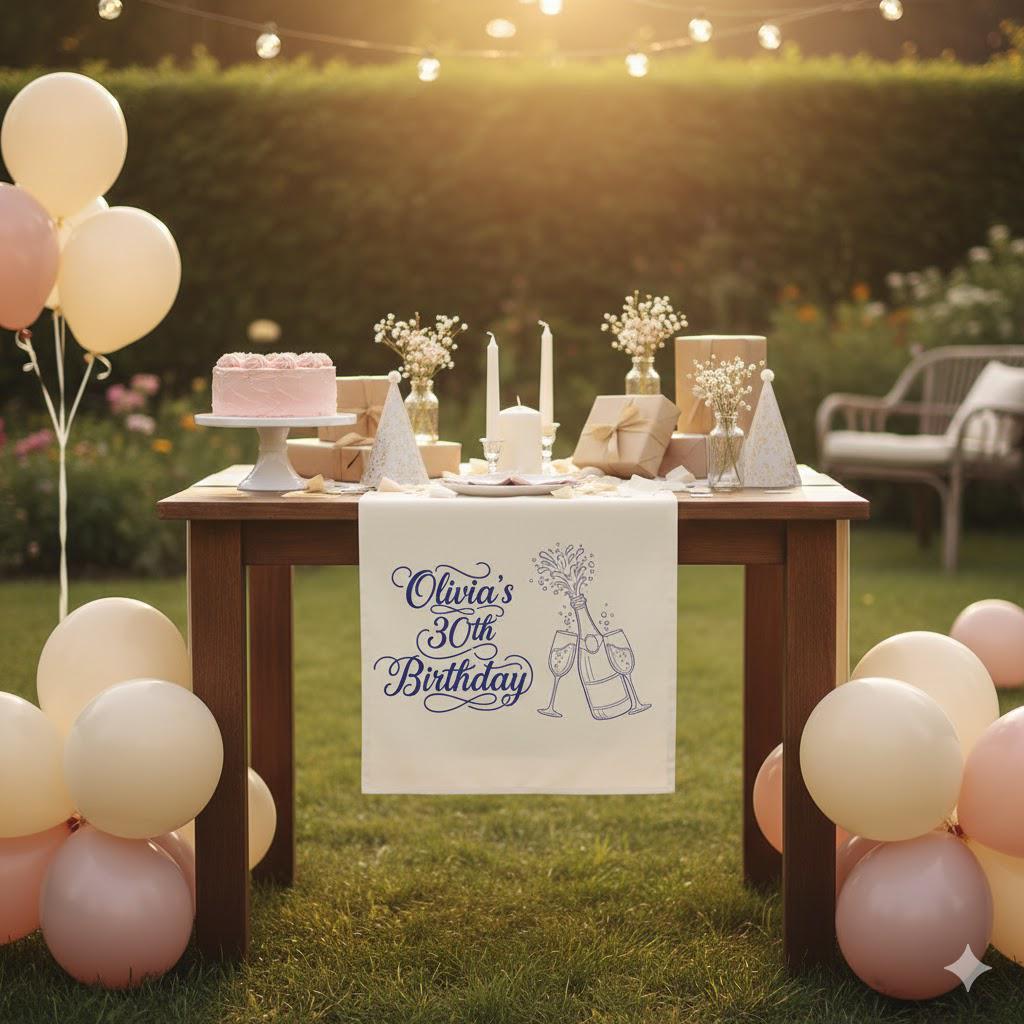 Personalized Table Runner: Birthday Banner with Name, Age, and Champagne Illustration image 4