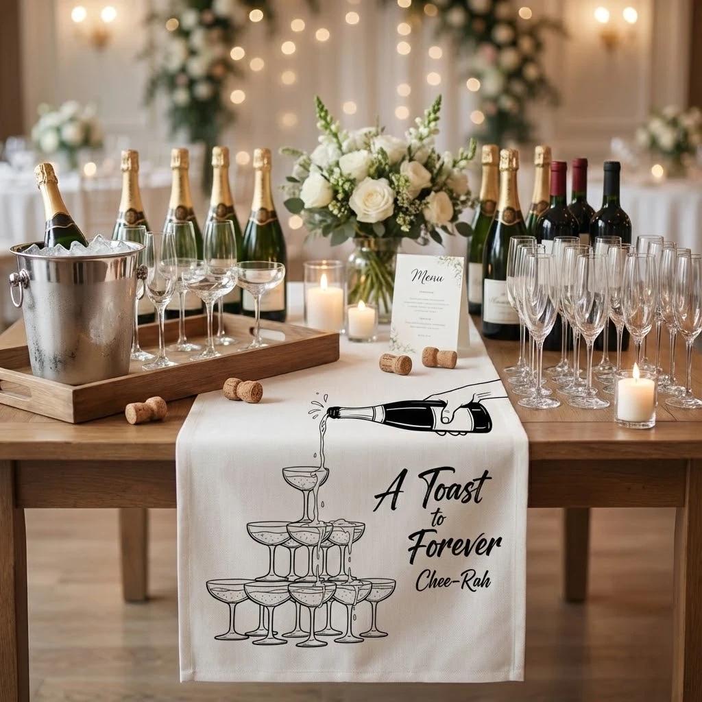 Personalized Table Runner: Champagne Pour Illustration with Name and Celebration Phrase image 2