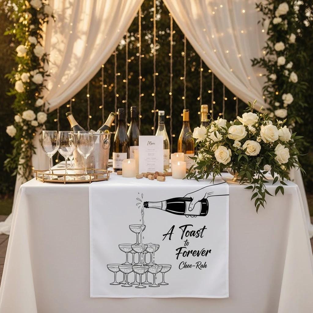 Personalized Table Runner: Champagne Pour Illustration with Name and Celebration Phrase image 1