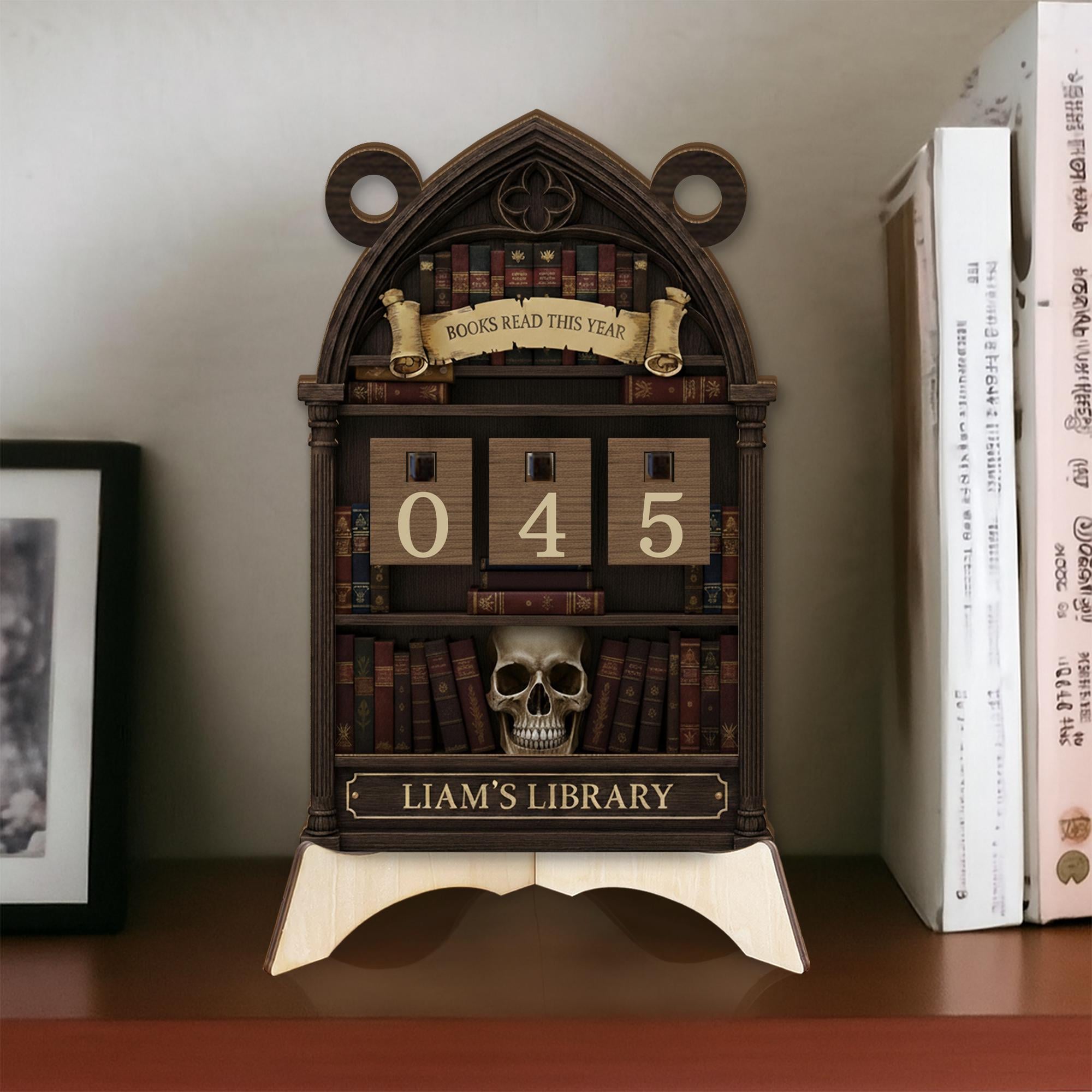 Custom Gothic Book Tracker: Skull Bookshelf Counter - Dark Academia Library Decor image 1