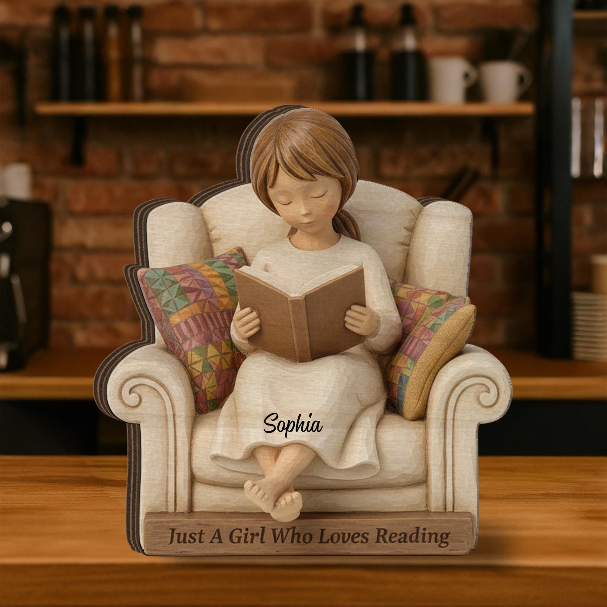 Custom Reading Girl Wooden Block: Personalized Book Lover Shelf Decor image 2