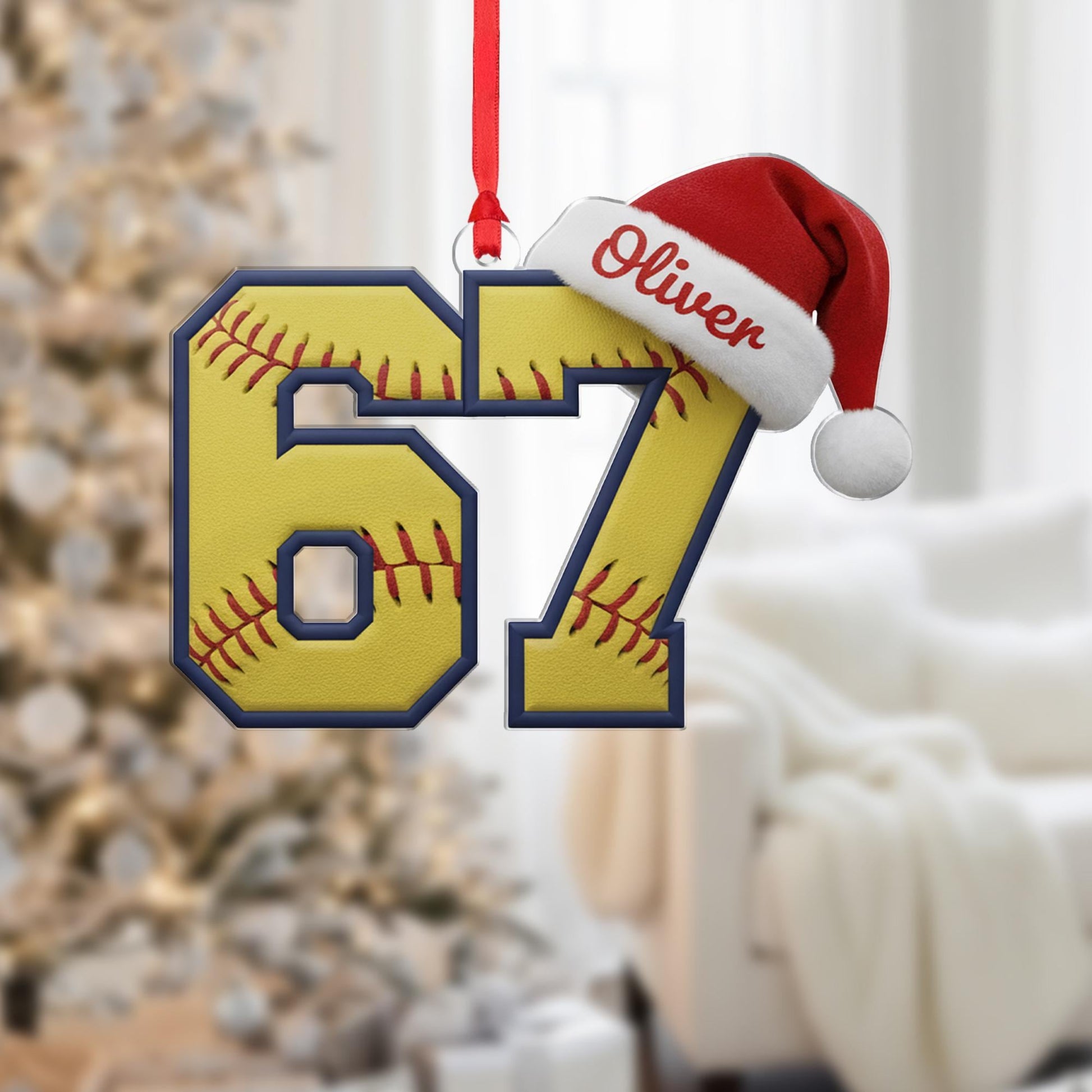 Personalized Gen Alpha Slang Softball 67 Ornament: Custom Name Jersey, Acrylic Baseball Player Gift image 1