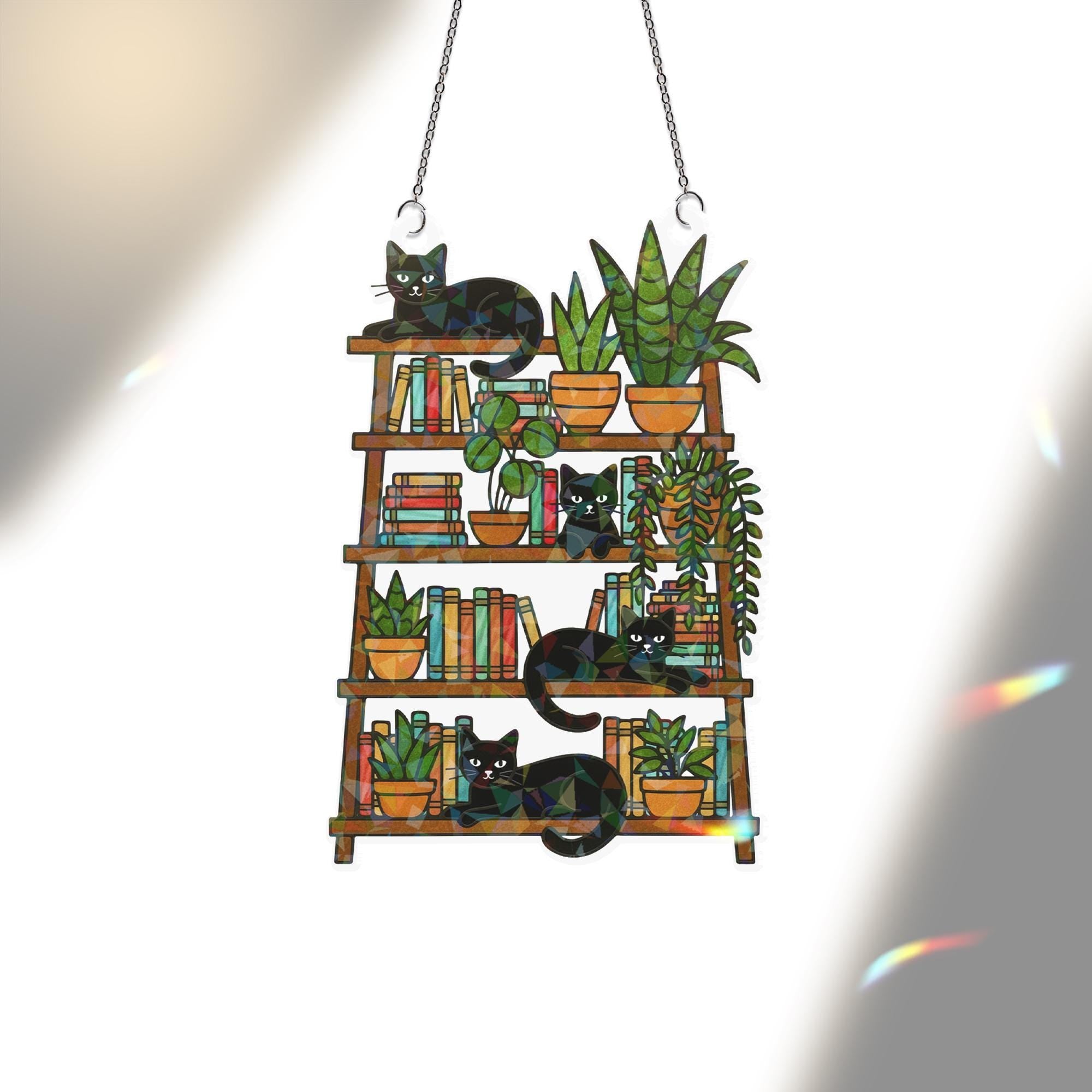 Custom Cat Plant Books Holographic Acrylic Suncatcher – Printed Shelf Window Decor image 1