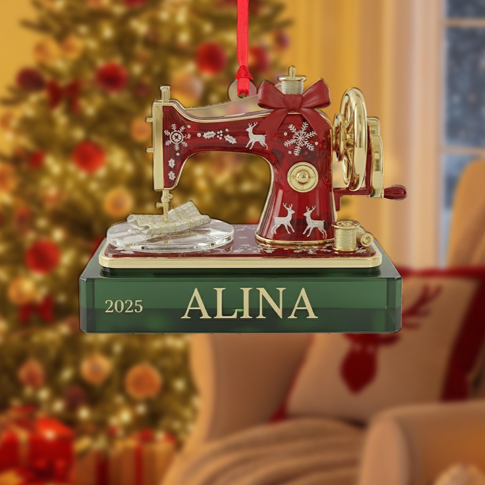 Personalized Sewing Machine Ornament, Custom Name Craft Design, Holiday Stitching Decoration image 2