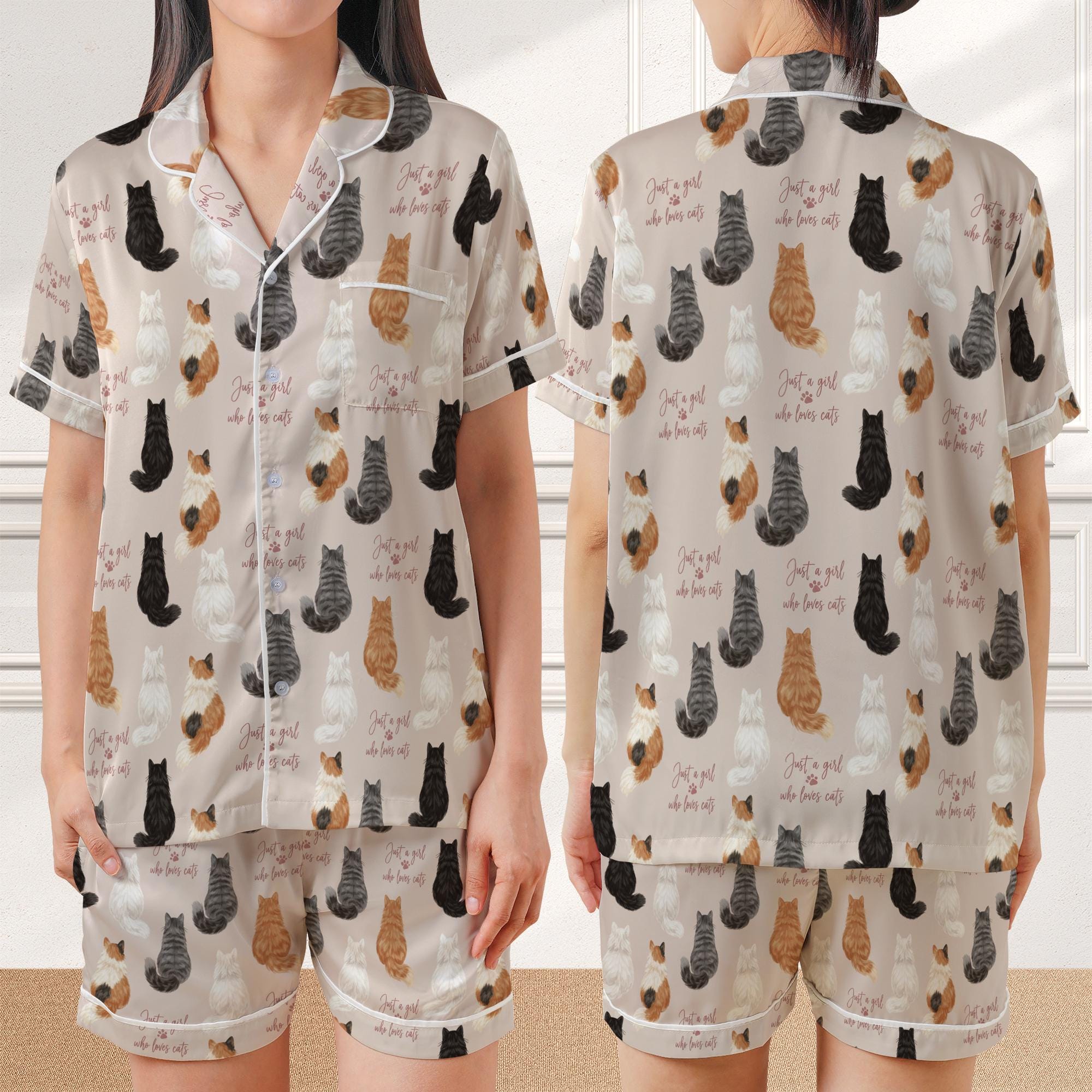 Satin Pajama Set, Short Sleeve Sleepwear, Cat Pattern Lounge Shorts Outfit image 1