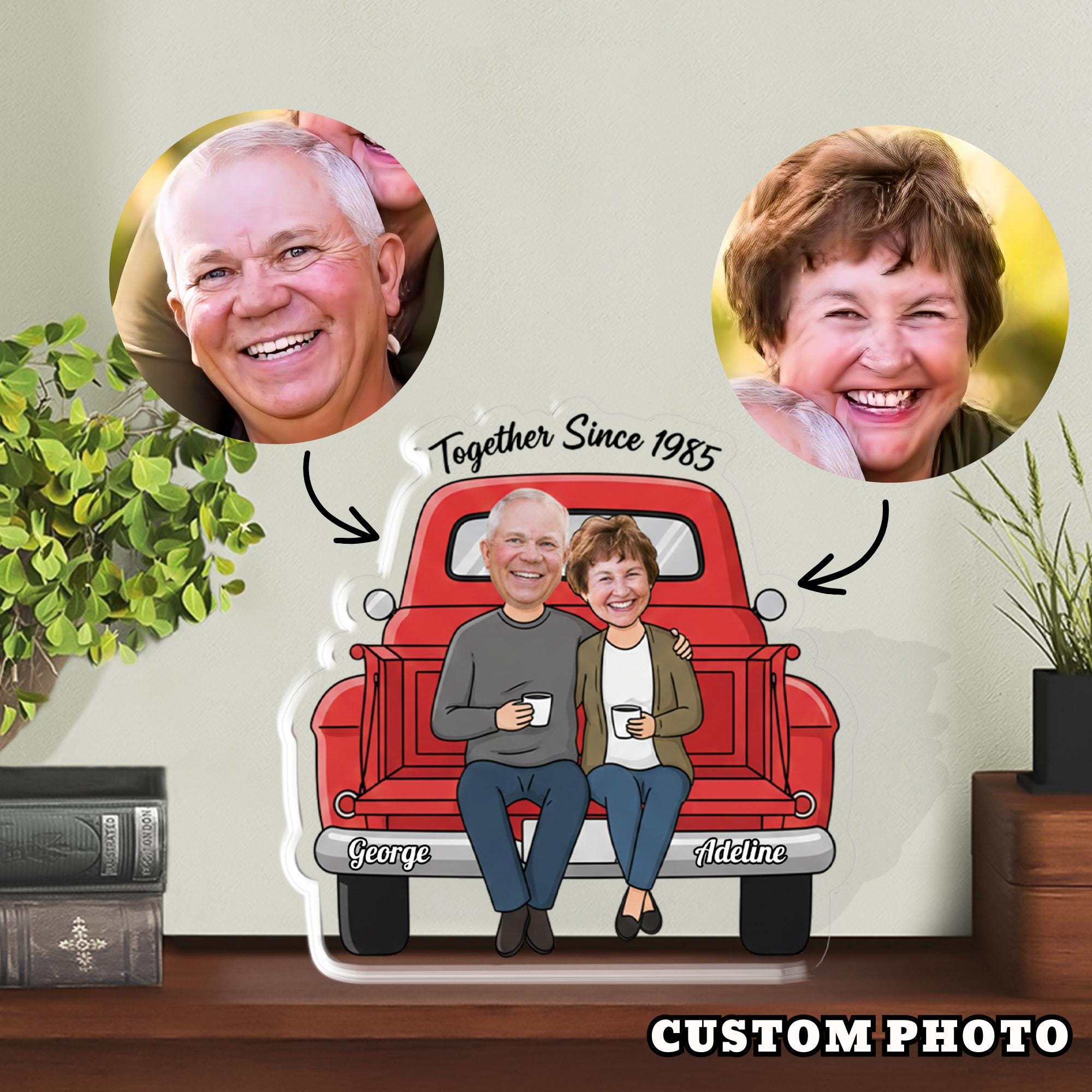 Custom Couple Acrylic Block, Personalized Photo Caricature, Red Pickup Truck Portrait, Together Since Year image 1