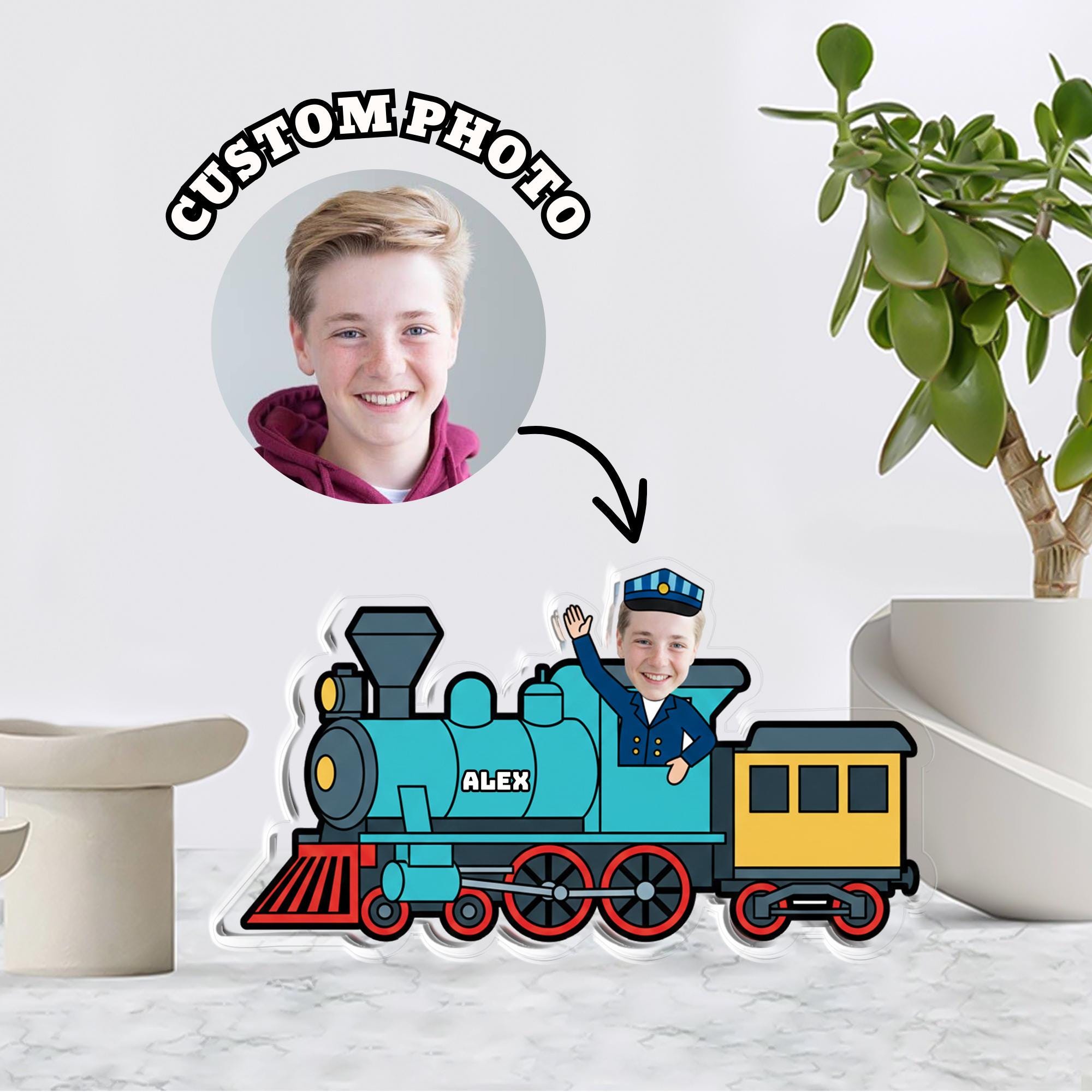 Custom Train Acrylic Block, Personalized Photo Caricature, Kids Conductor Locomotive Decor image 1