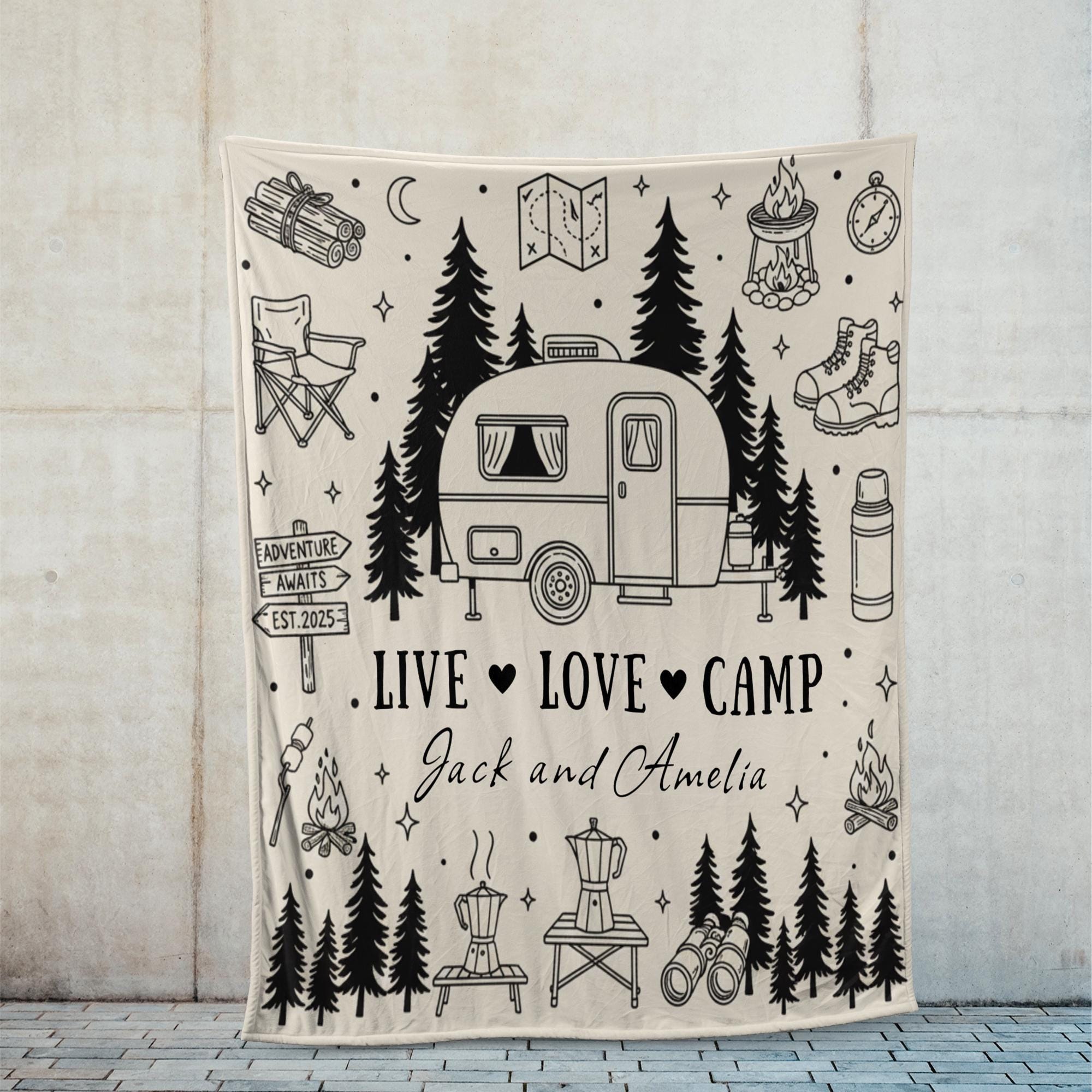 Custom Fleece Blanket, Camper Trailer Line Art, Pine Forest, Live Love Camp, Name Text image 2