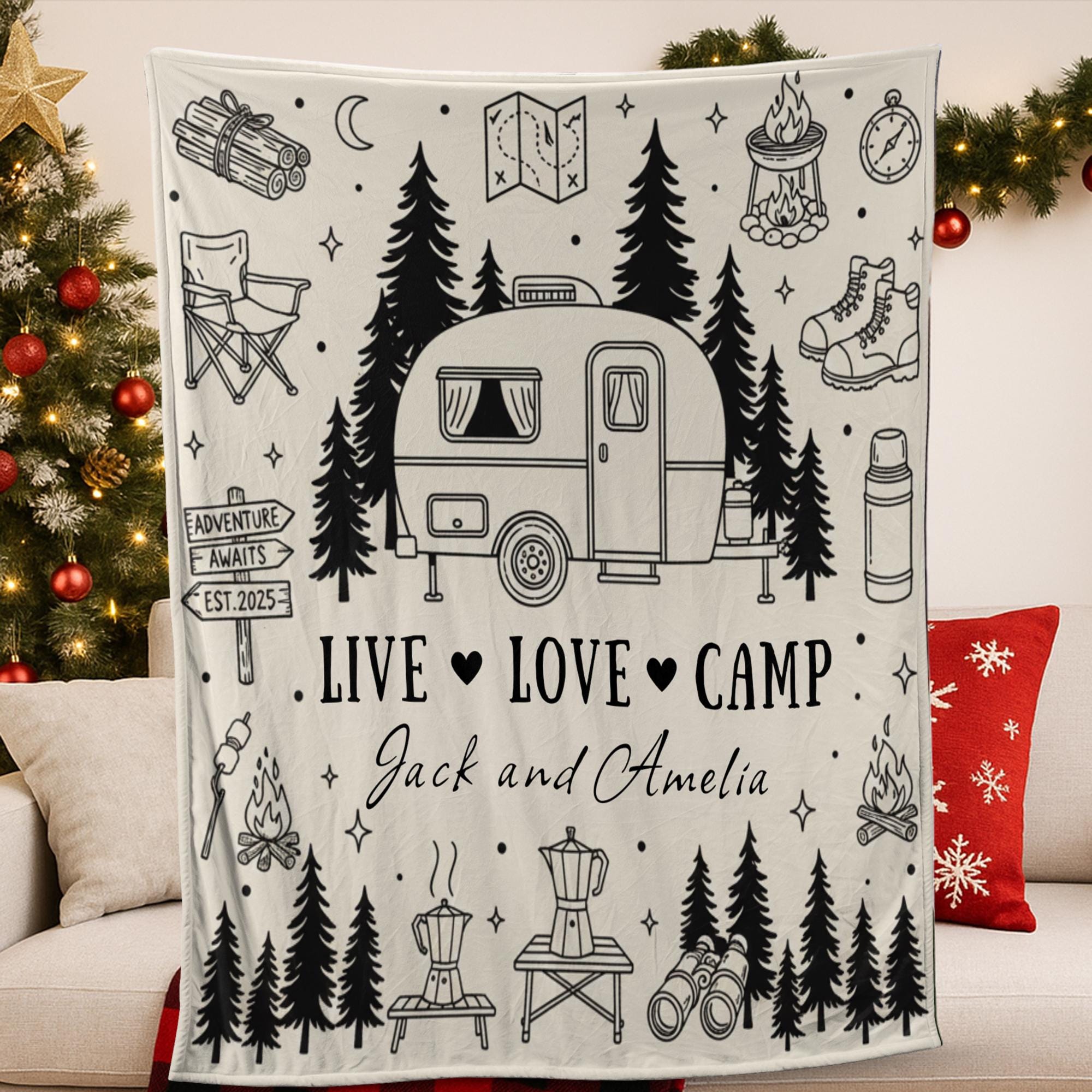 Custom Fleece Blanket, Camper Trailer Line Art, Pine Forest, Live Love Camp, Name Text image 1