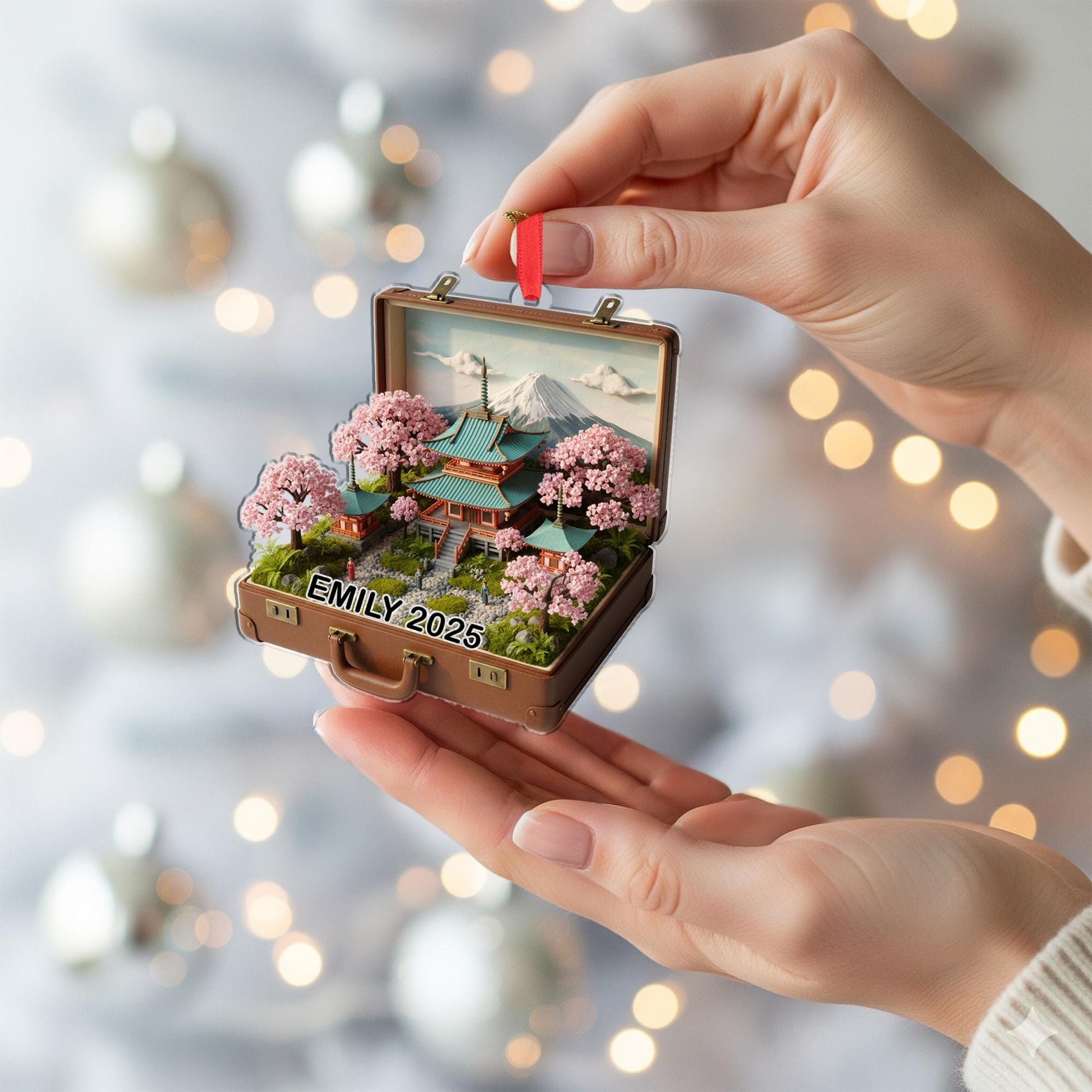 Japanese Suitcase Ornament: Personalized Travel Keepsake, Cherry Blossom Holiday Decor image 2