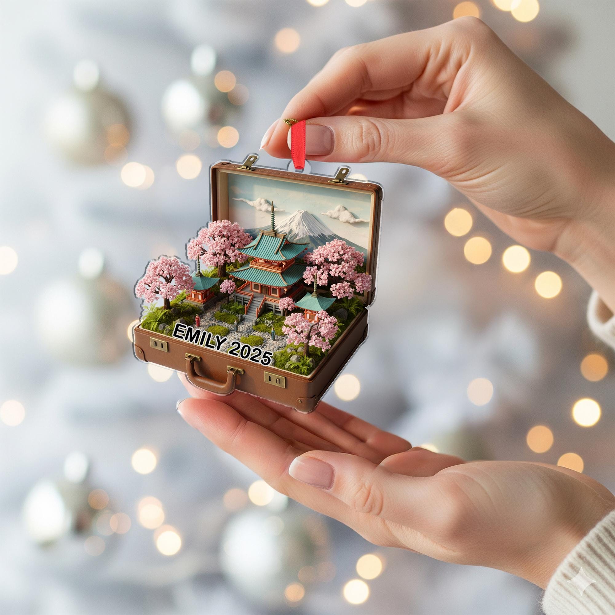 Japanese Suitcase Ornament: Personalized Travel Keepsake, Cherry Blossom Holiday Decor image 2