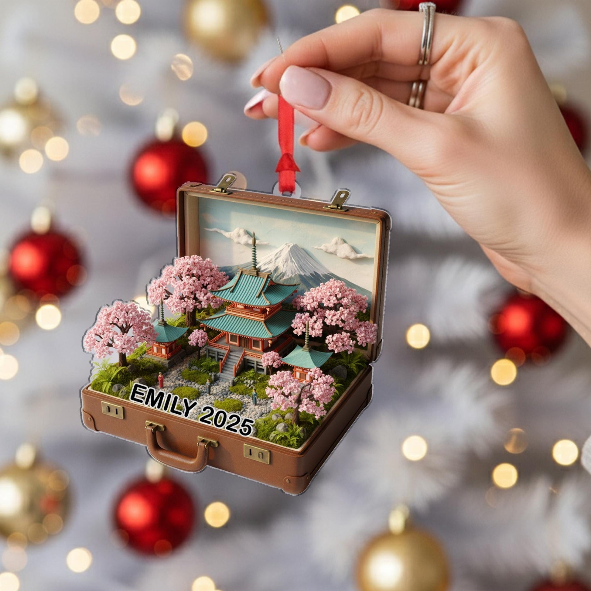 Japanese Suitcase Ornament: Personalized Travel Keepsake, Cherry Blossom Holiday Decor image 5