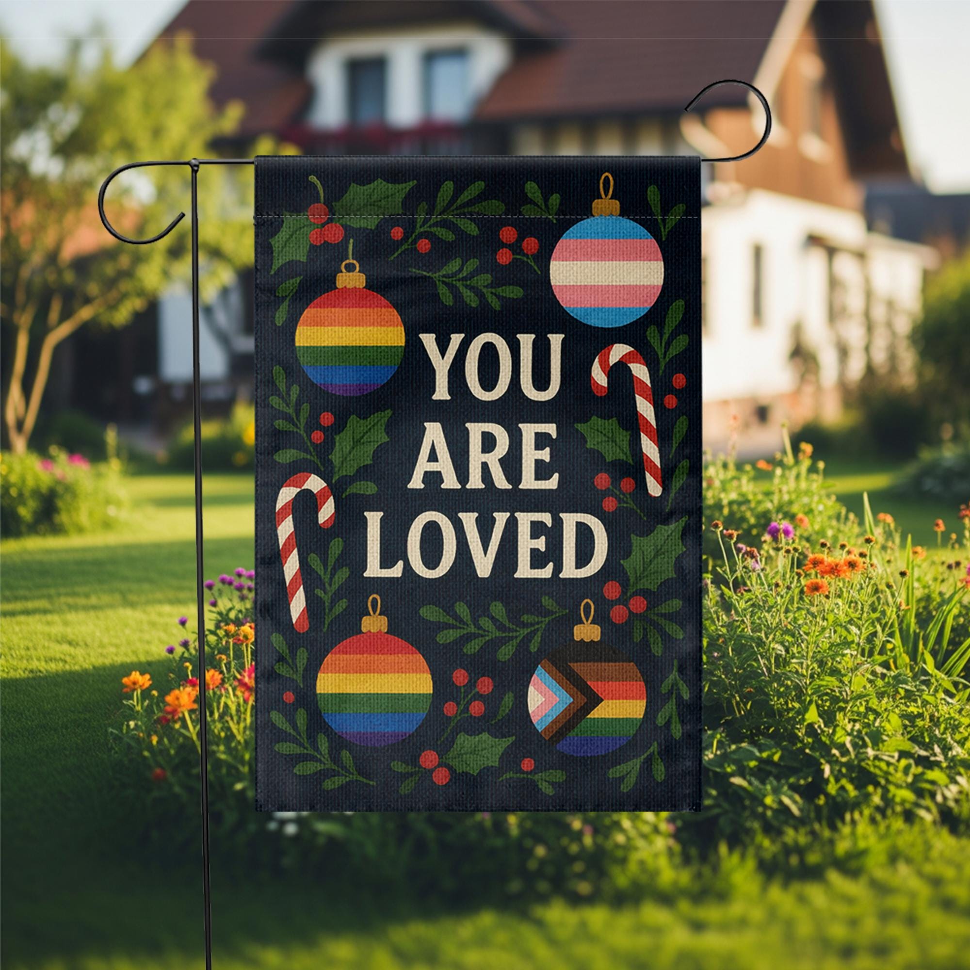You Are Loved Garden Flag: LGBTQ Pride Holiday Decor, Rainbow Ornament Yard Banner image 1