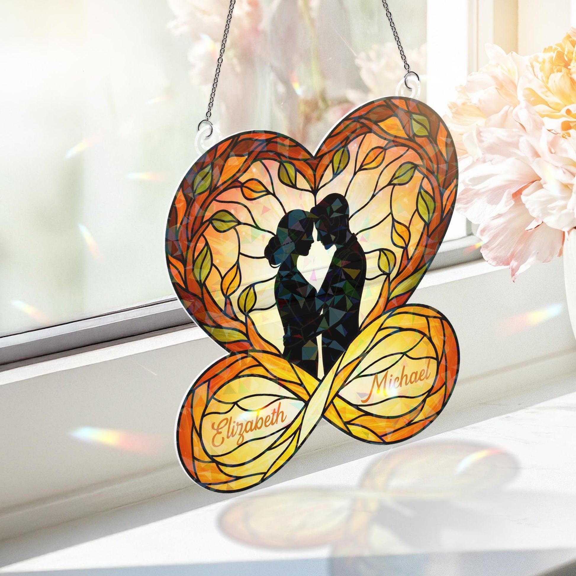 Personalized Acrylic Suncatcher: Heart Silhouette, Holographic Leaf Design image 2