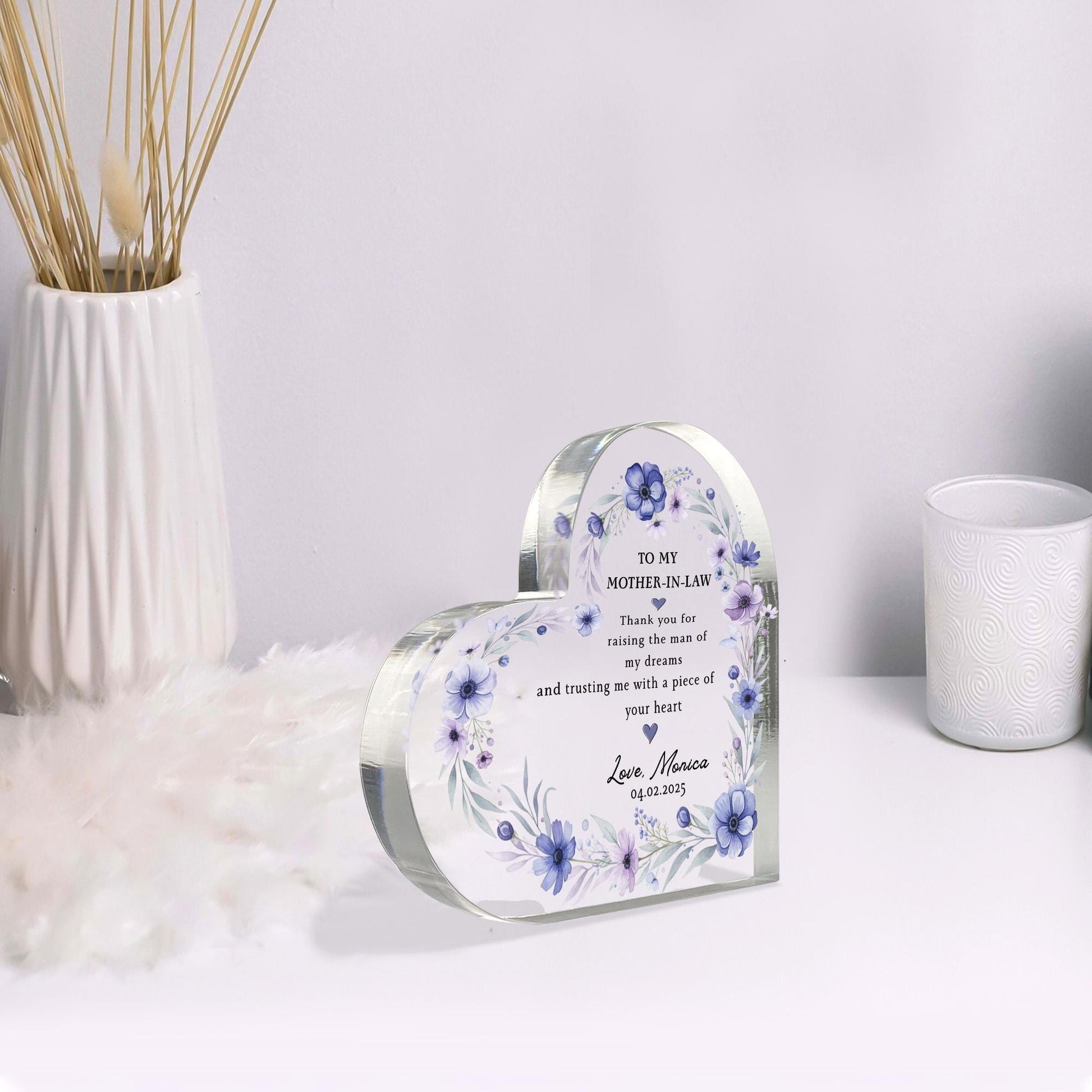 Personalized Heart Acrylic Block, Floral Mother-in-Law Message Plaque, Custom Name Date image 3