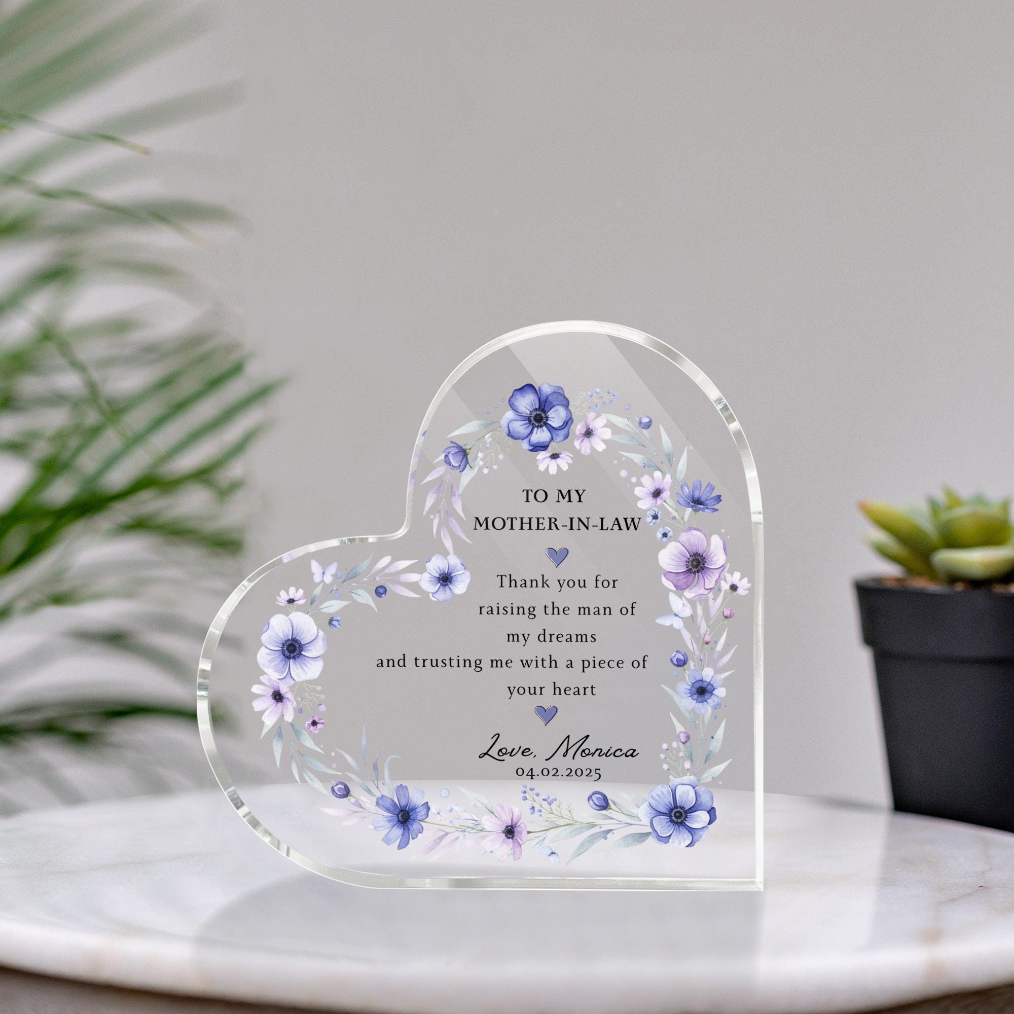 Personalized Heart Acrylic Block, Floral Mother-in-Law Message Plaque, Custom Name Date image 1
