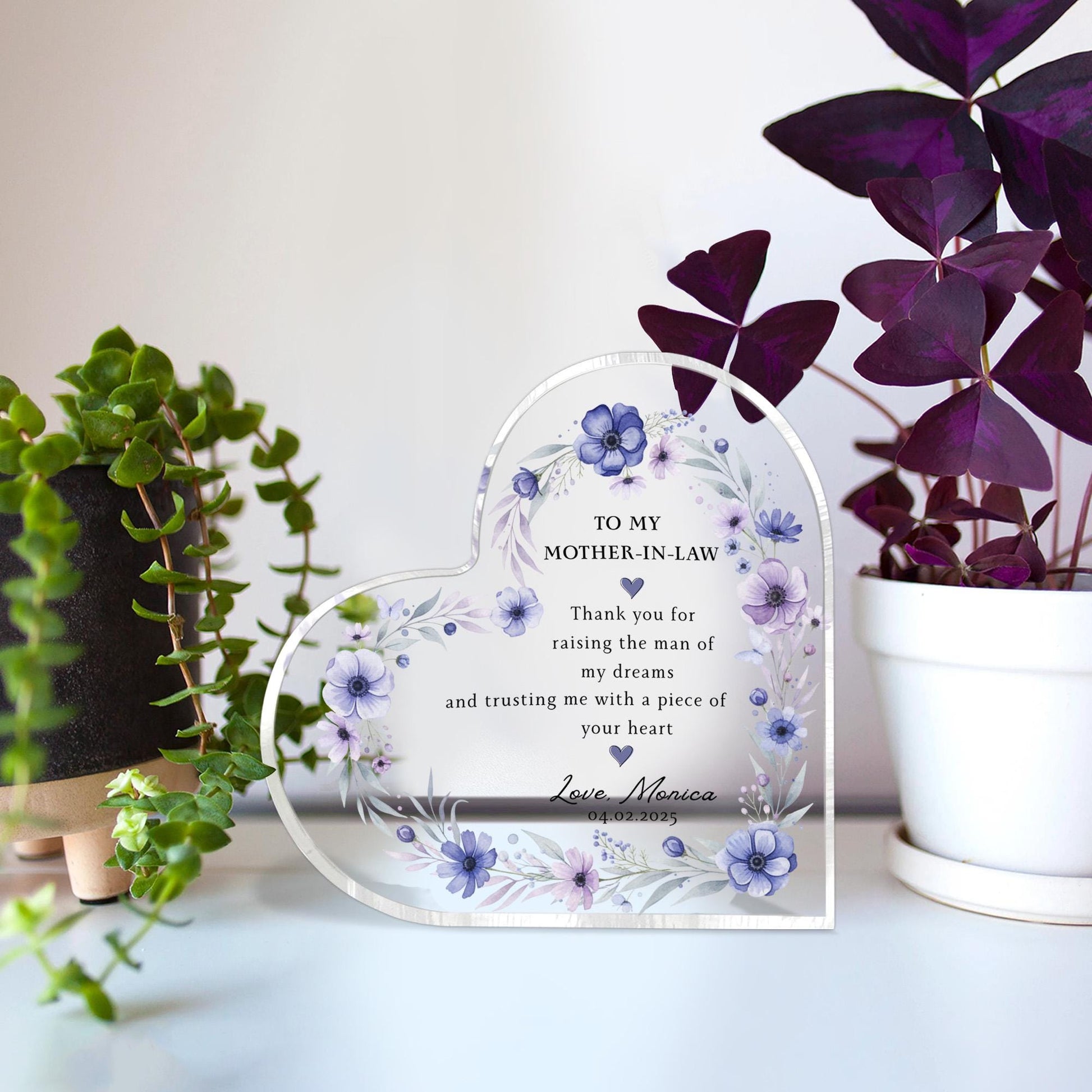 Personalized Heart Acrylic Block, Floral Mother-in-Law Message Plaque, Custom Name Date image 2