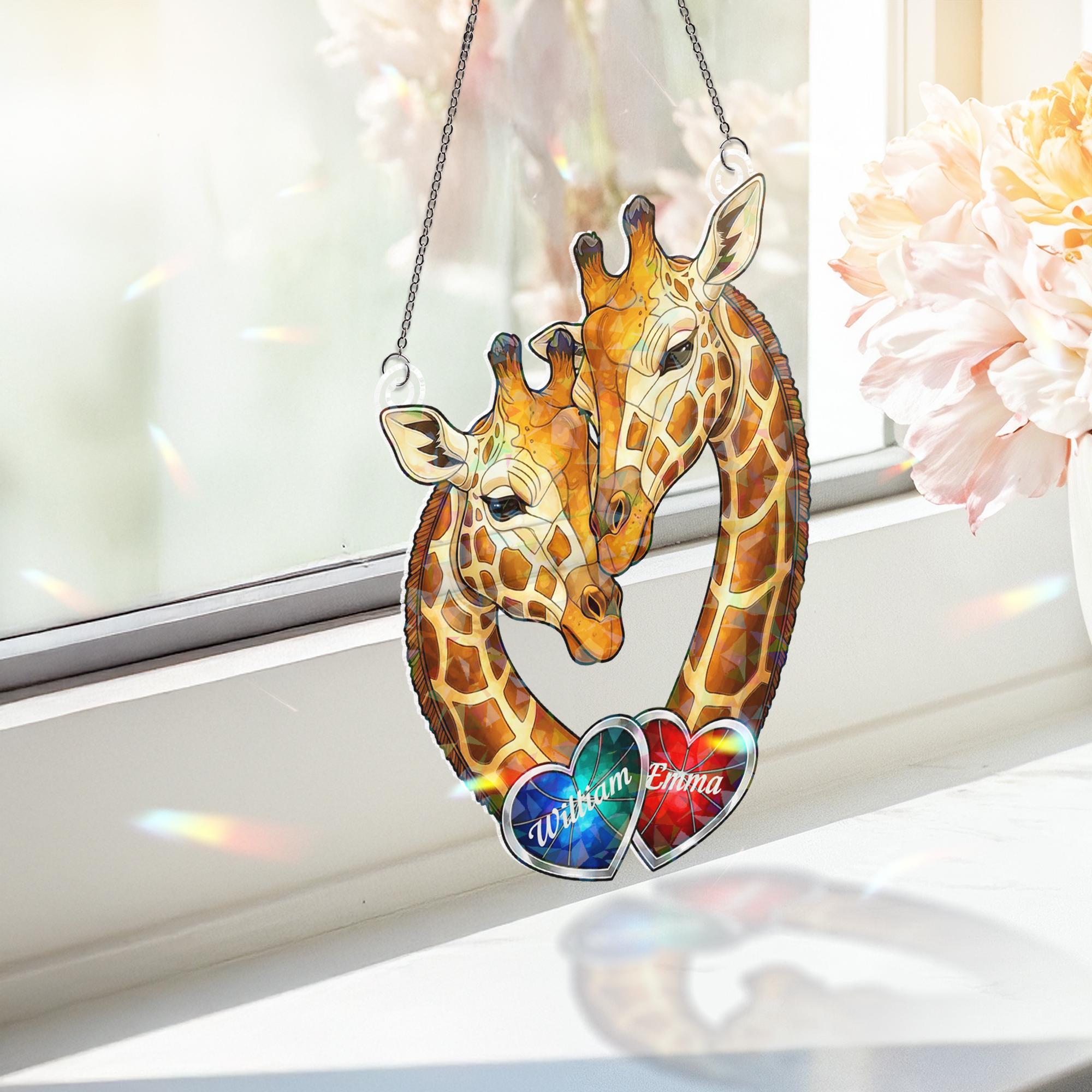 Personalization Acrylic Suncatcher: Giraffe Pair Heart Shape Faux Stained Glass image 2