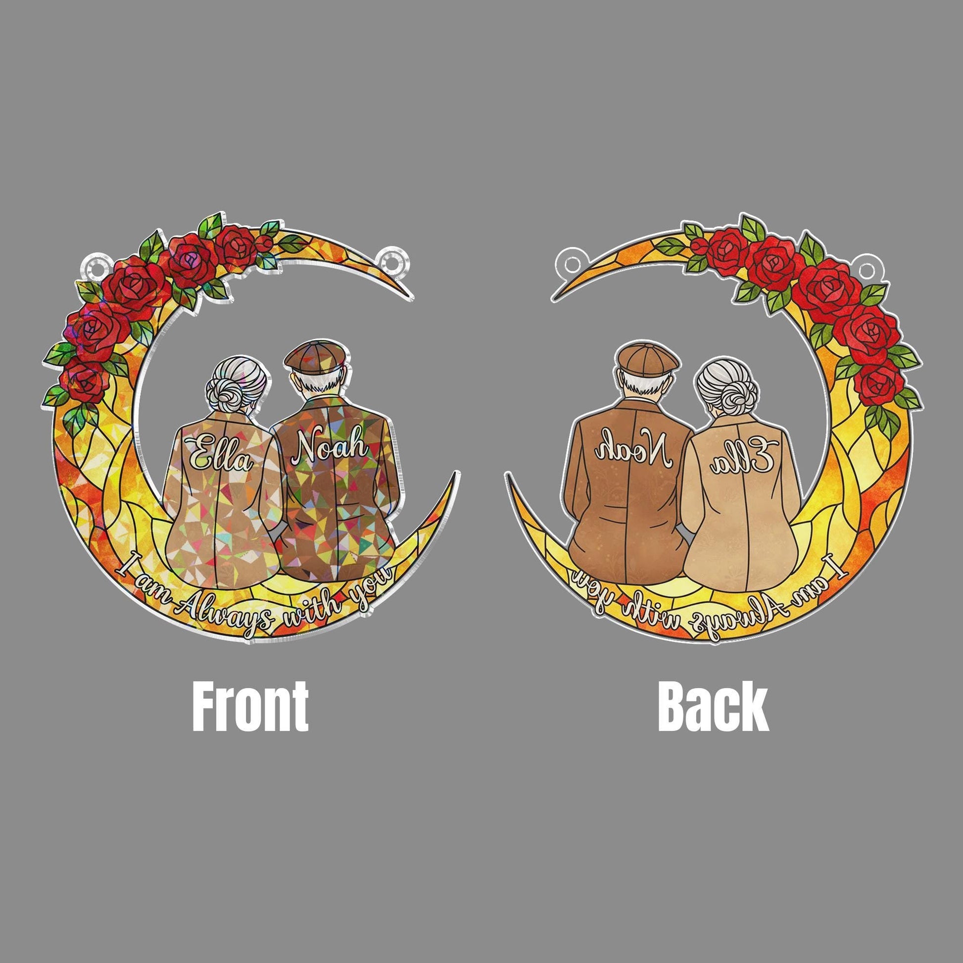 Personalization Acrylic Suncatcher: Elderly Couple on Crescent Moon with Floral Quote Design image 5