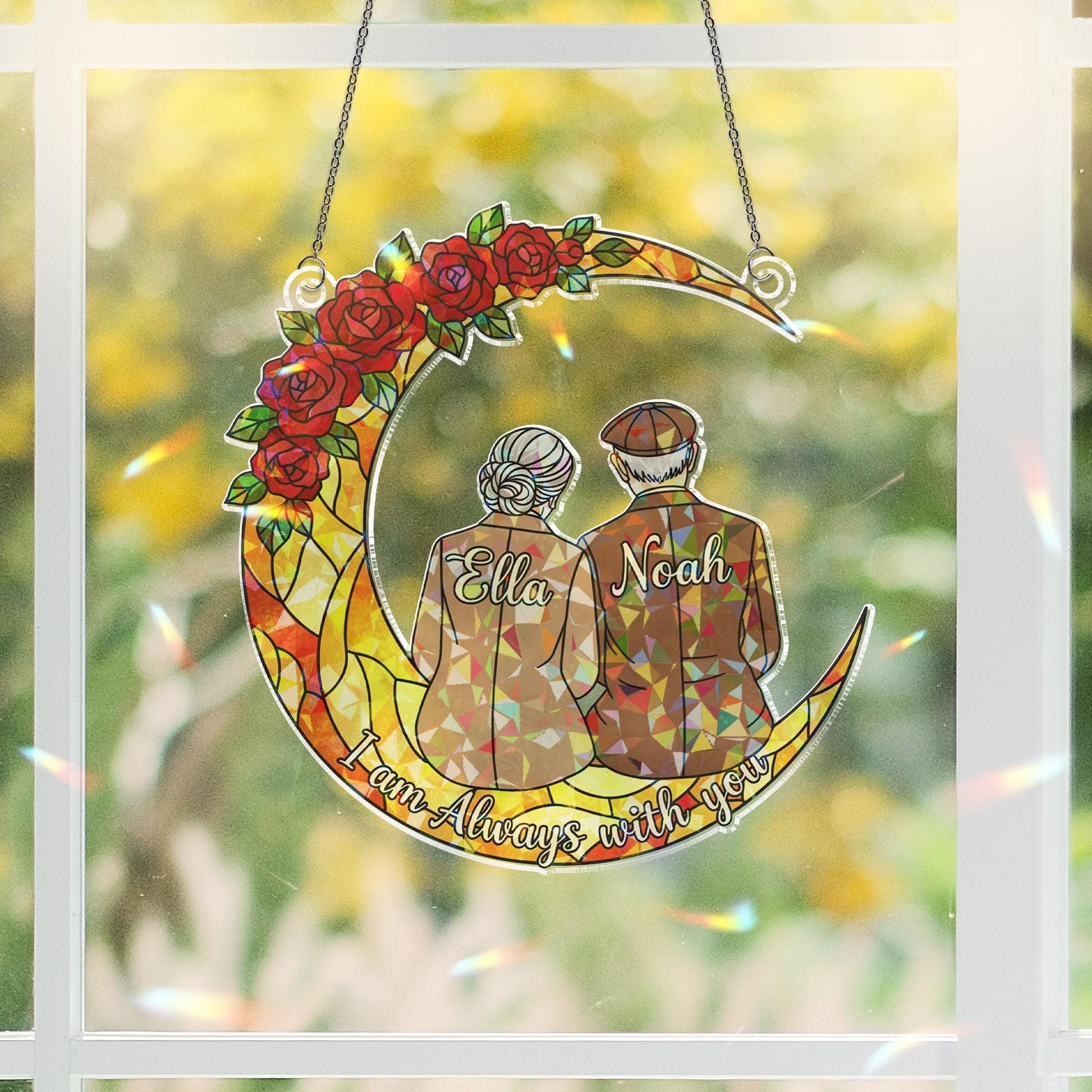 Personalization Acrylic Suncatcher: Elderly Couple on Crescent Moon with Floral Quote Design image 3