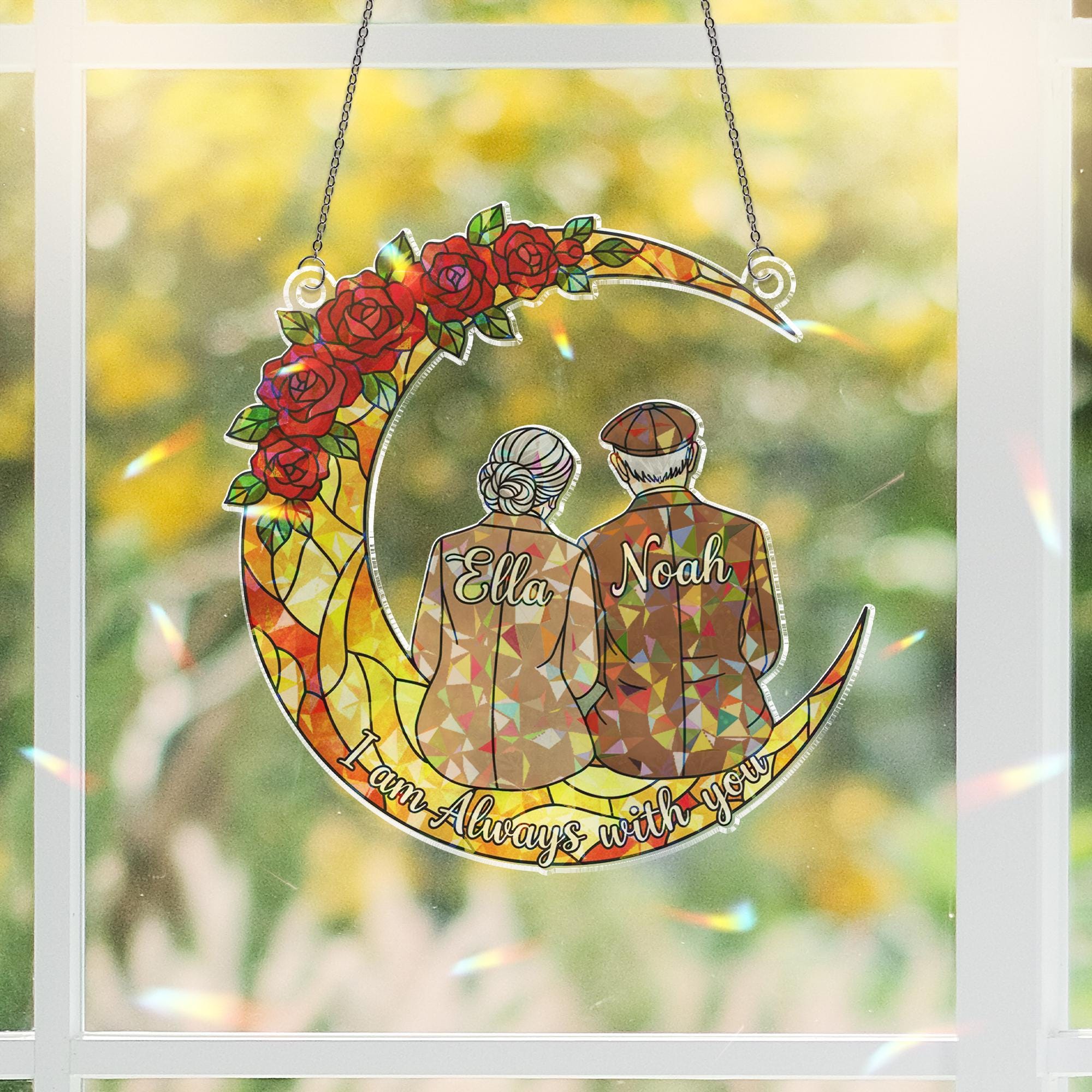 Personalization Acrylic Suncatcher: Elderly Couple on Crescent Moon with Floral Quote Design image 3