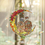 Personalization Acrylic Suncatcher: Elderly Couple on Crescent Moon with Floral Quote Design image 1