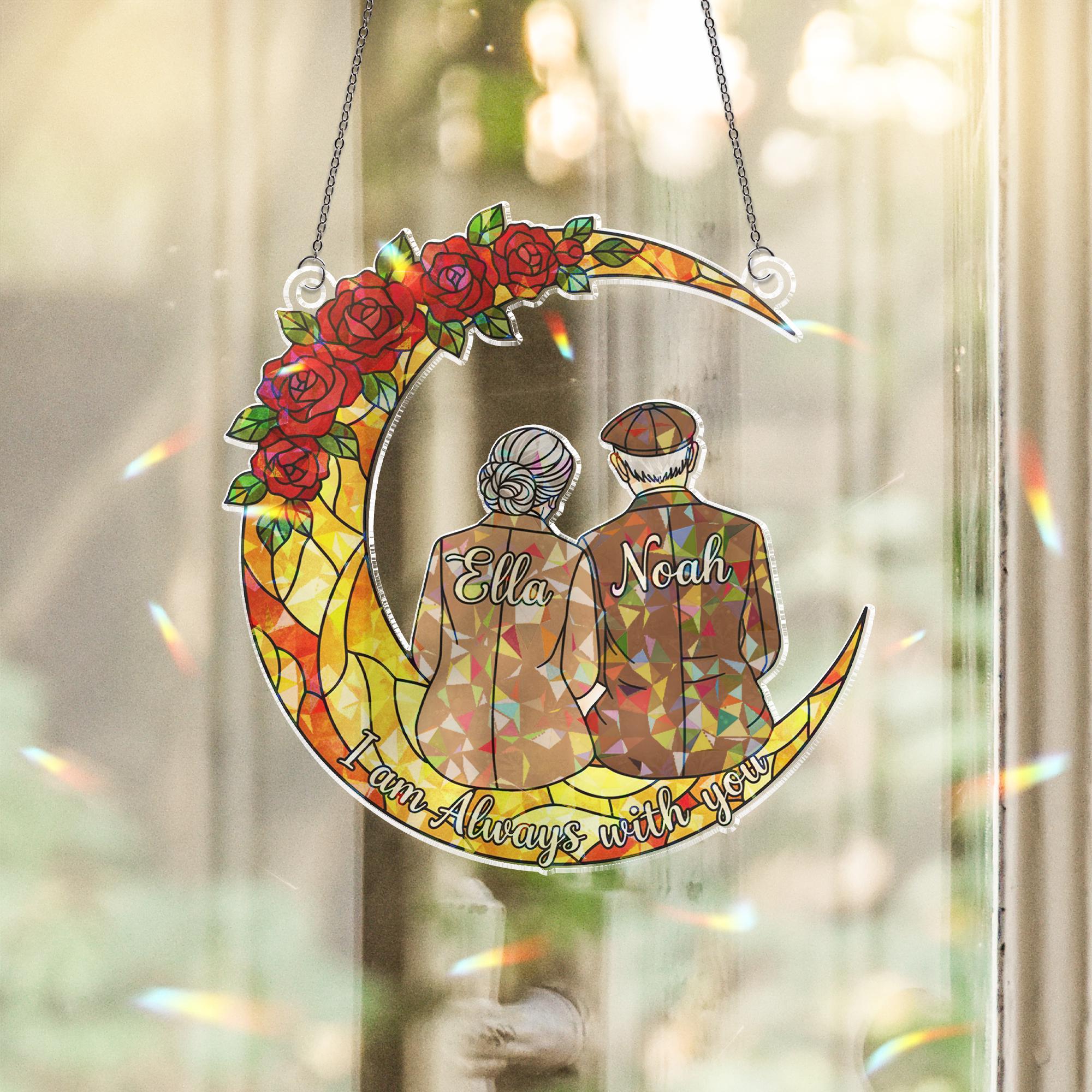 Personalization Acrylic Suncatcher: Elderly Couple on Crescent Moon with Floral Quote Design image 1
