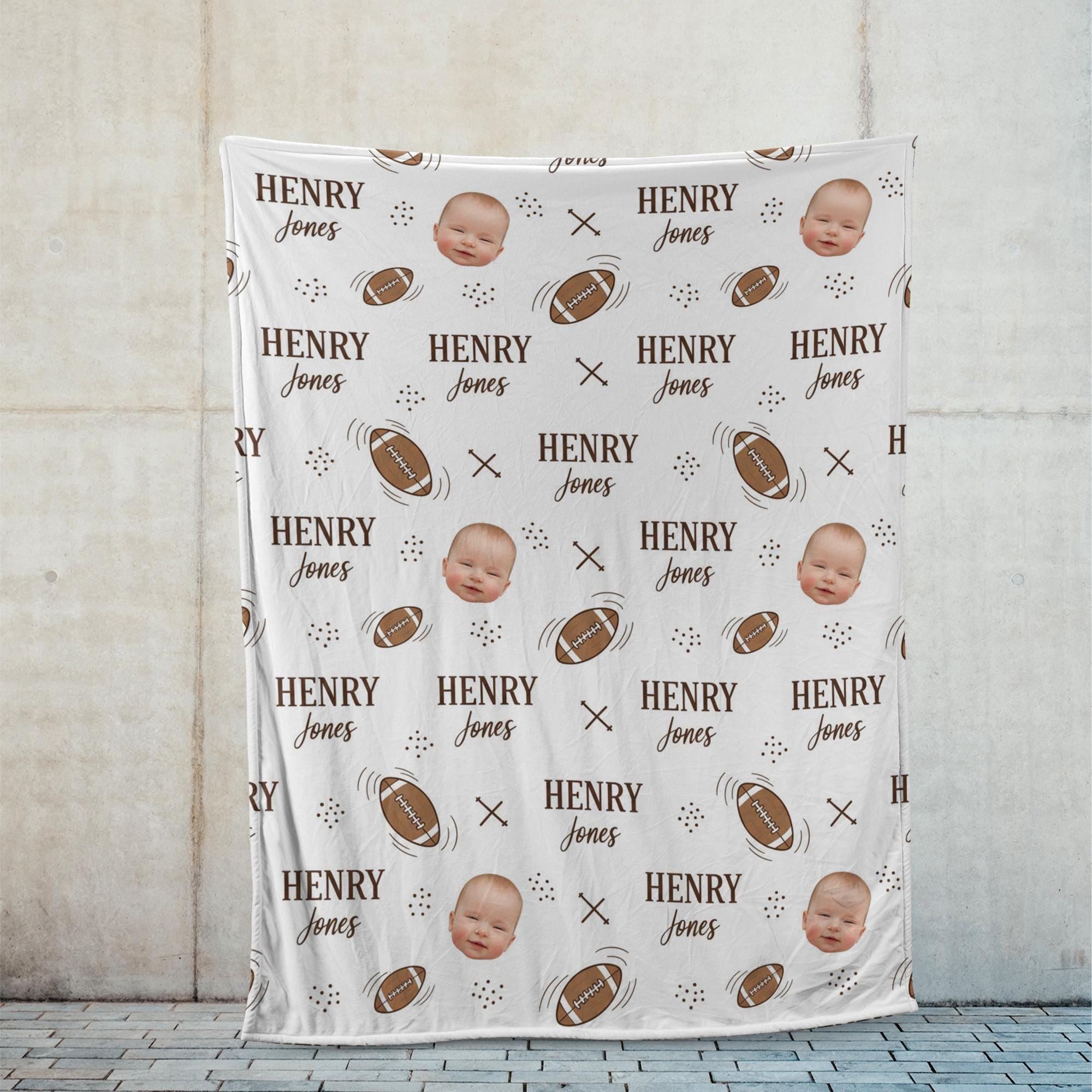 Personalized Fleece Blanket: Baby Face and Name with Football Pattern and XO Motif image 2