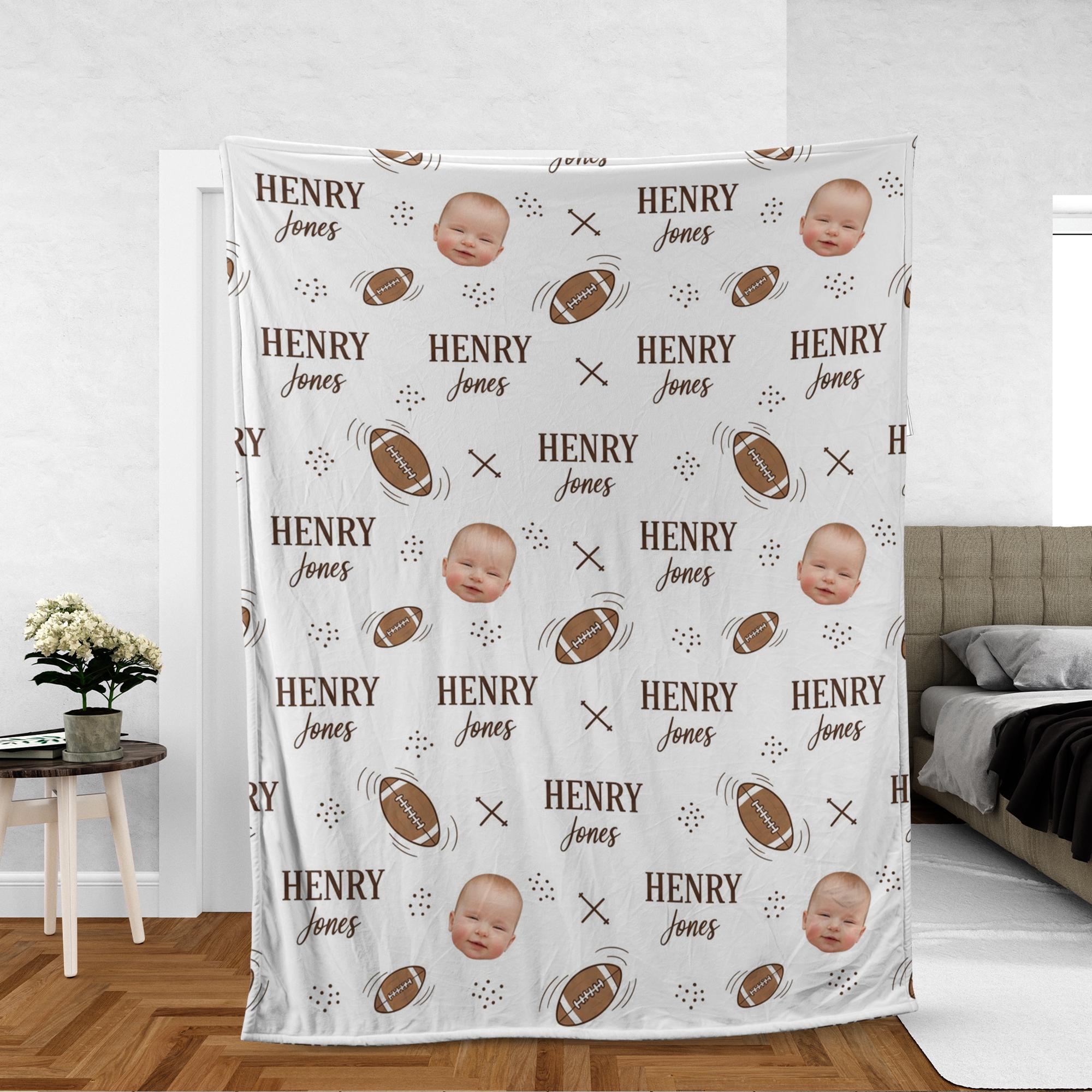 Personalized Fleece Blanket: Baby Face and Name with Football Pattern and XO Motif image 1